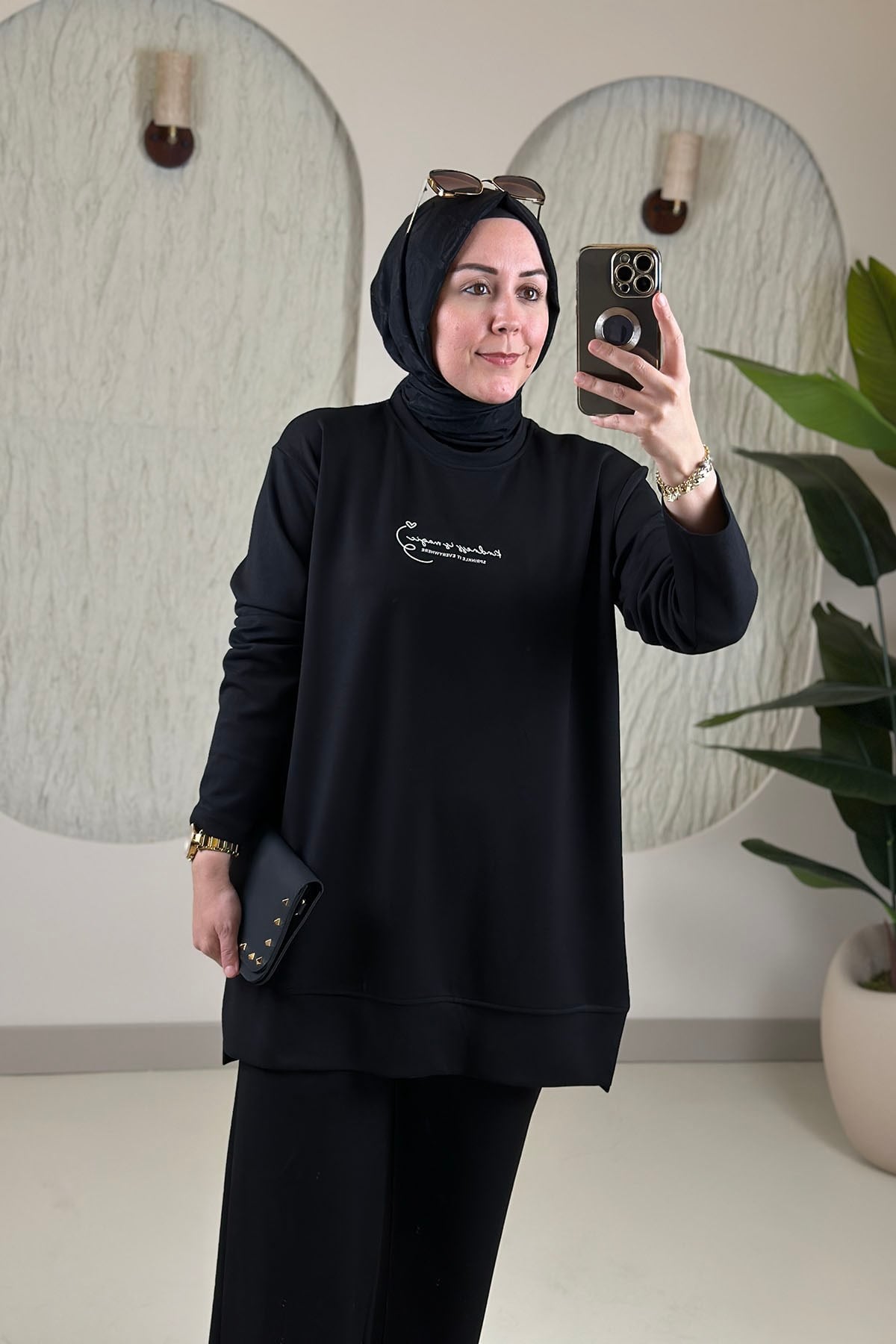 Tesettür Pantolonlu TakımModal Oysho Önü Baskılı Tunik ve Pantolon Kadın İkili Takım Siyah EYL 2242 