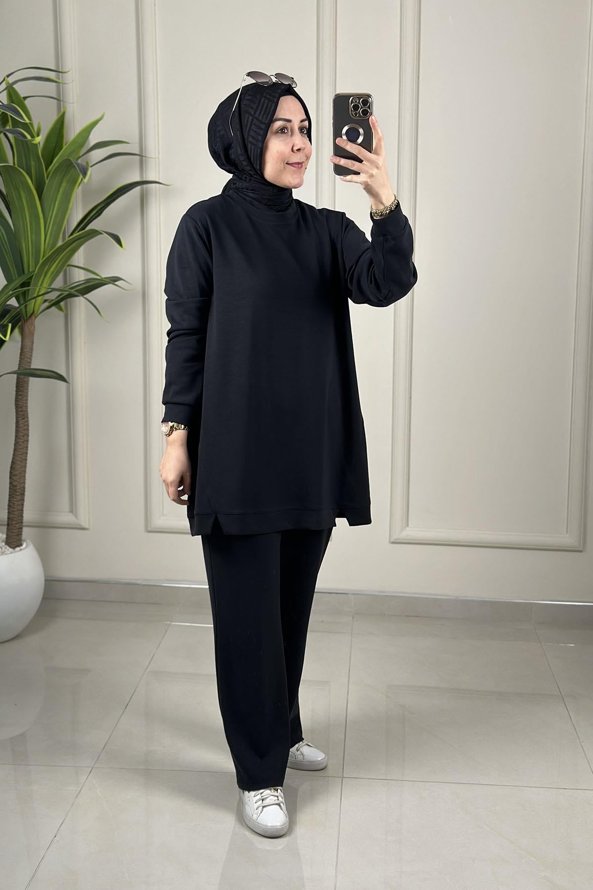 Tesettür Pantolonlu TakımModal Oysho Ön Dikiş Detaylı Tunik ve Pantolon Kadın İkili Takım Siyah KADO 257331