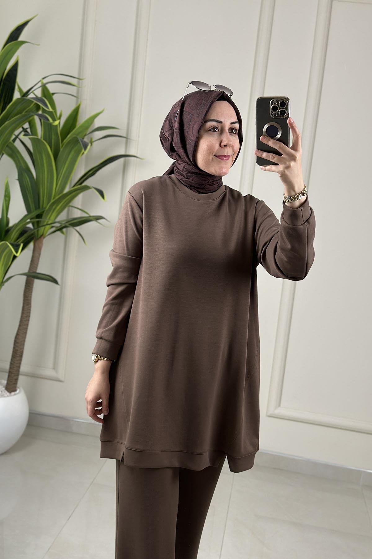 Tesettür Pantolonlu TakımModal Oysho Ön Dikiş Detaylı Tunik ve Pantolon Kadın İkili Takım Vizon KADO 257331
