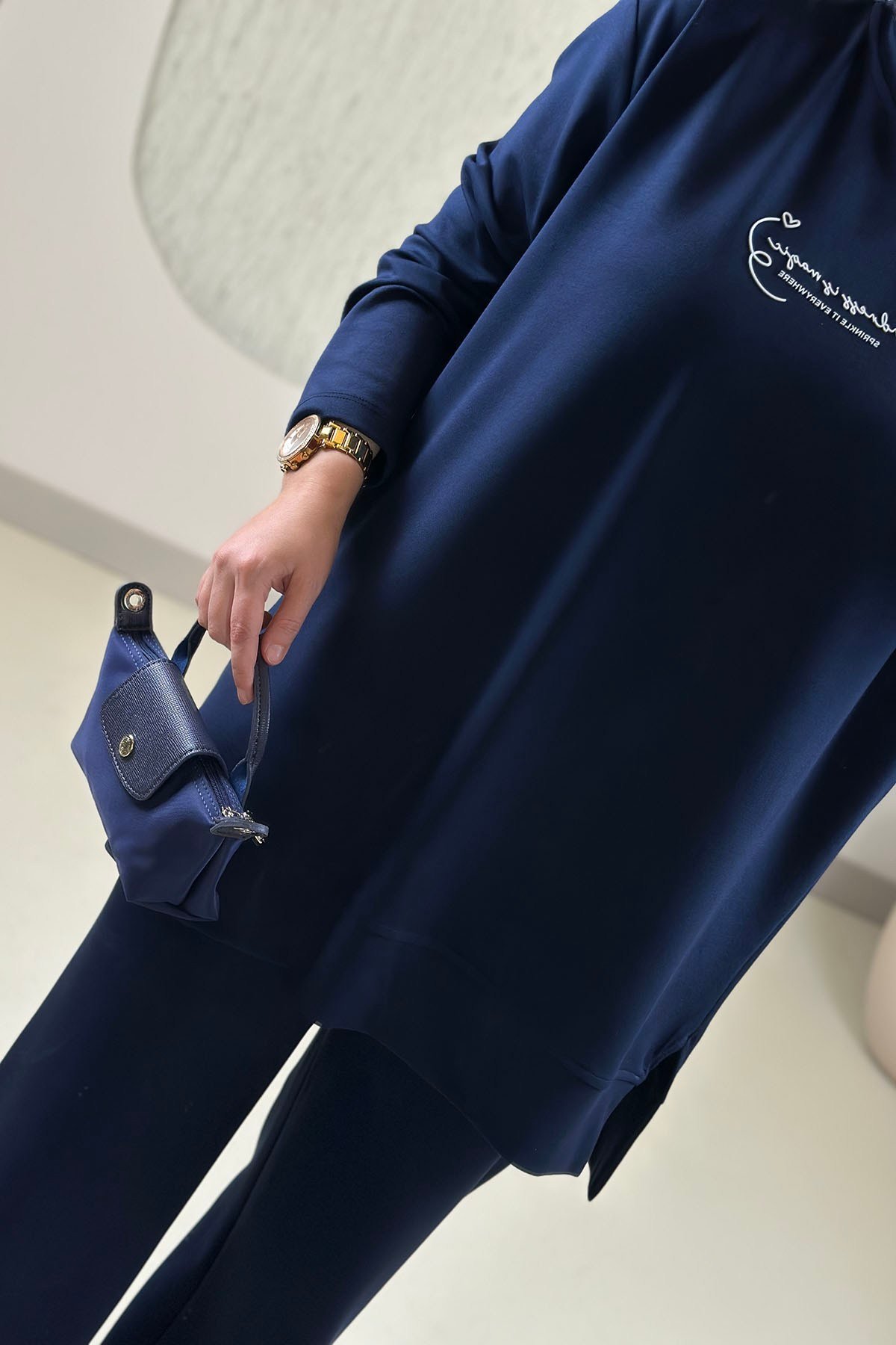 Tesettür Pantolonlu TakımModal Oysho Önü Baskılı Tunik ve Pantolon Kadın İkili Takım Lacivert EYL 2242 