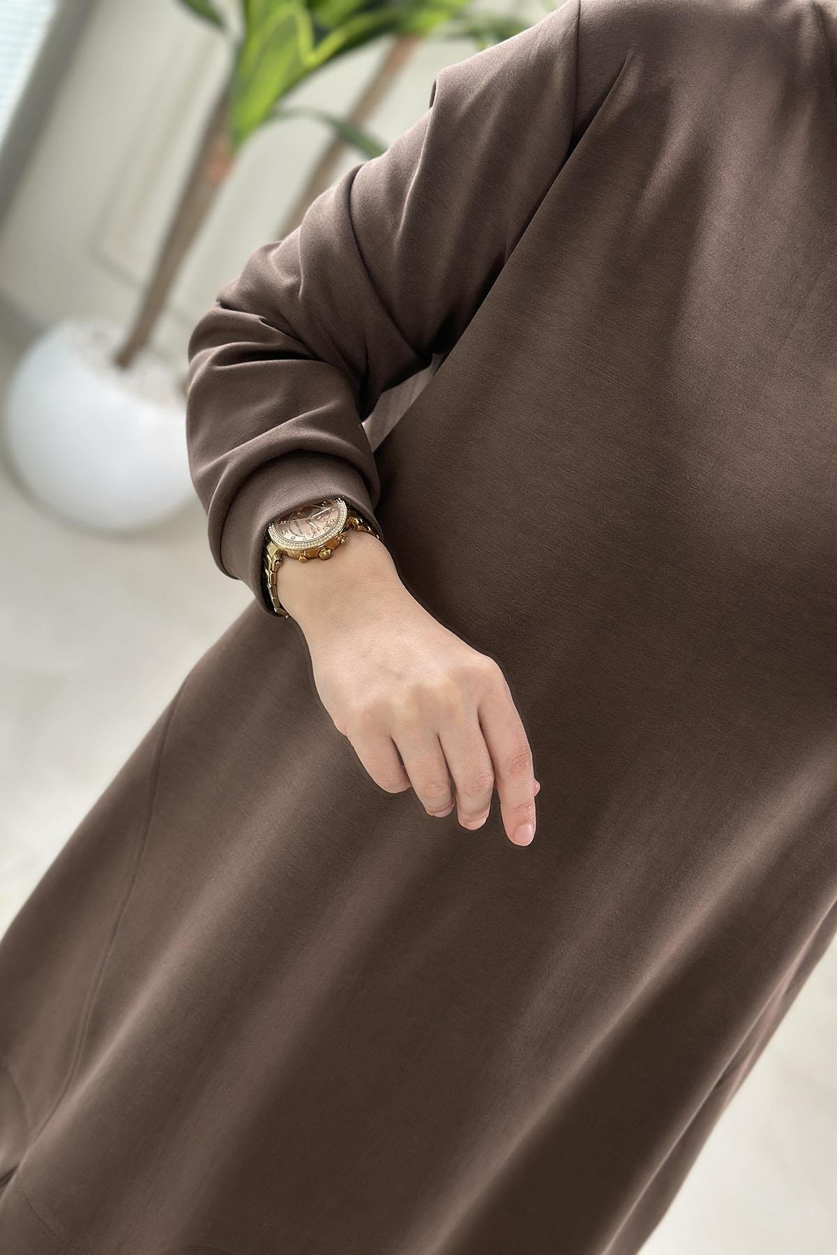 Tesettür Pantolonlu TakımModal Oysho Ön Dikiş Detaylı Tunik ve Pantolon Kadın İkili Takım Vizon KADO 257331
