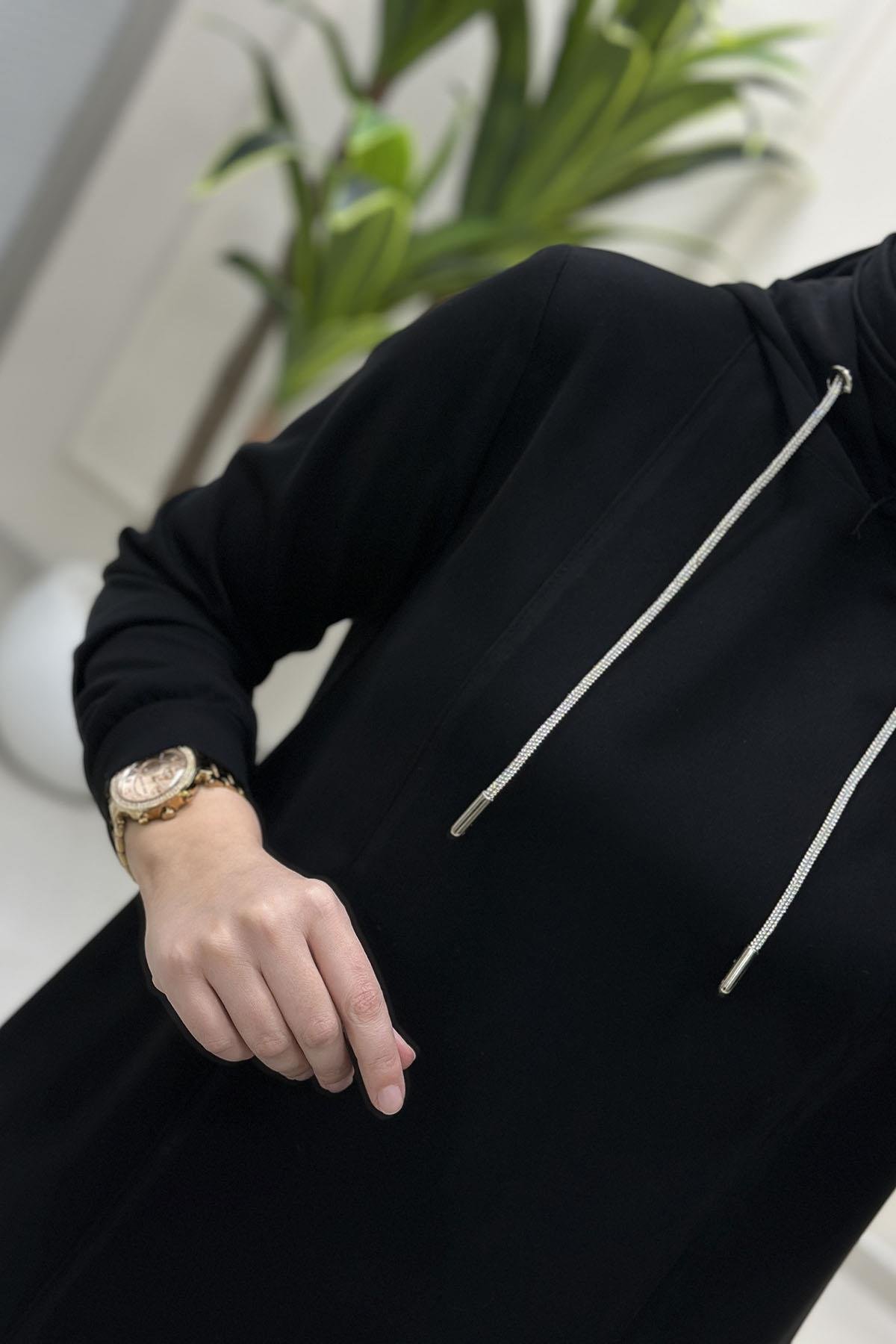 Tesettür Pantolonlu TakımModal Oysho Taş İp Detaylı Tunik ve Pantolon Kadın İkili Takım Siyah KADO 257804