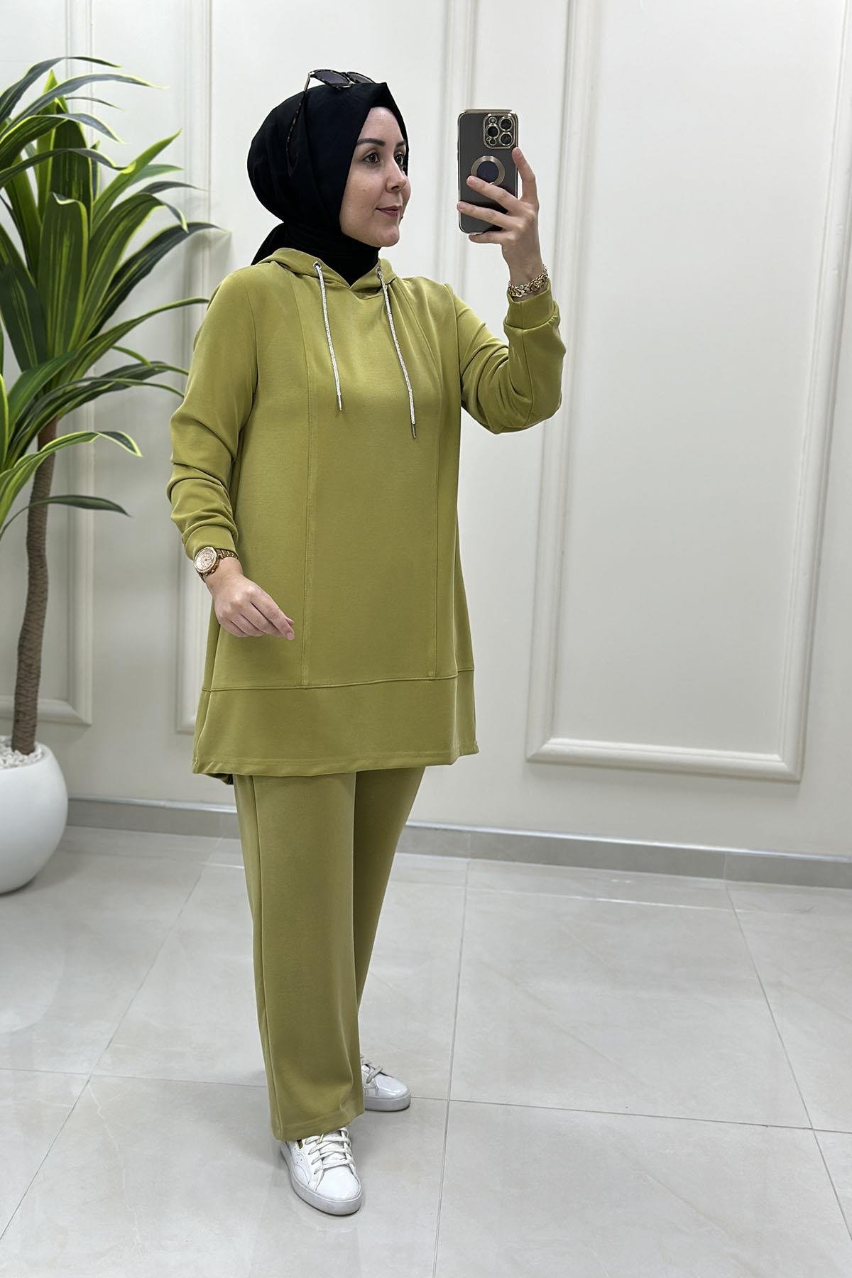 Tesettür Pantolonlu TakımModal Oysho Taş İp Detaylı Tunik ve Pantolon Kadın İkili Takım Yağ Yeşili KADO 257804