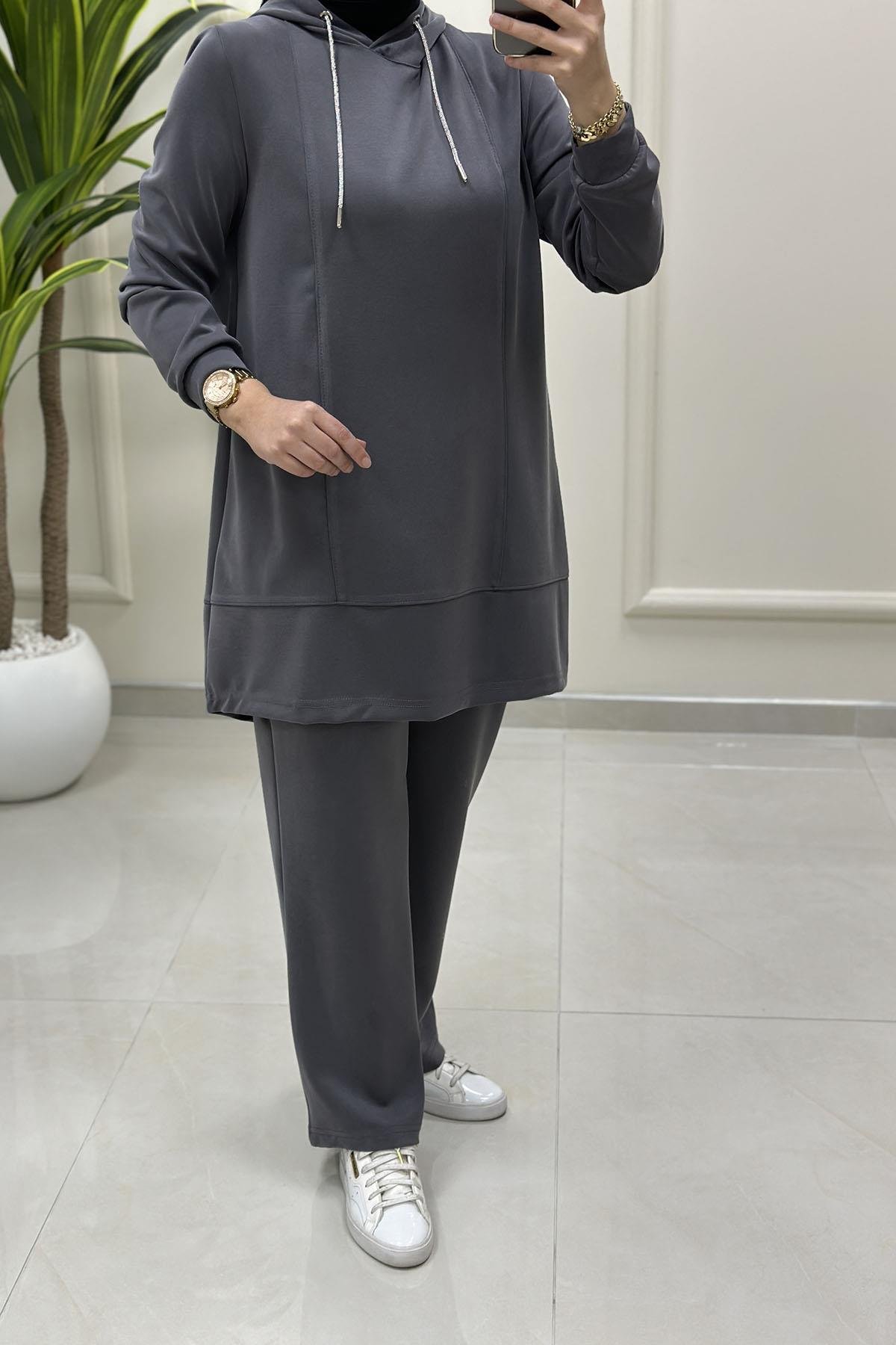 Tesettür Pantolonlu TakımModal Oysho Taş İp Detaylı Tunik ve Pantolon Kadın İkili Takım Gri KADO 257804