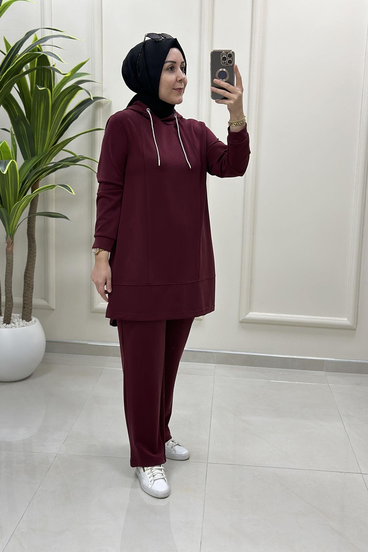 Tesettür Pantolonlu TakımModal Oysho Taş İp Detaylı Tunik ve Pantolon Kadın İkili Takım Bordo KADO 257804