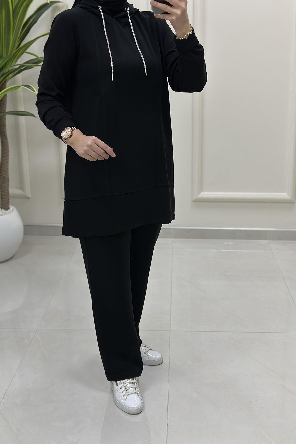 Tesettür Pantolonlu TakımModal Oysho Taş İp Detaylı Tunik ve Pantolon Kadın İkili Takım Siyah KADO 257804