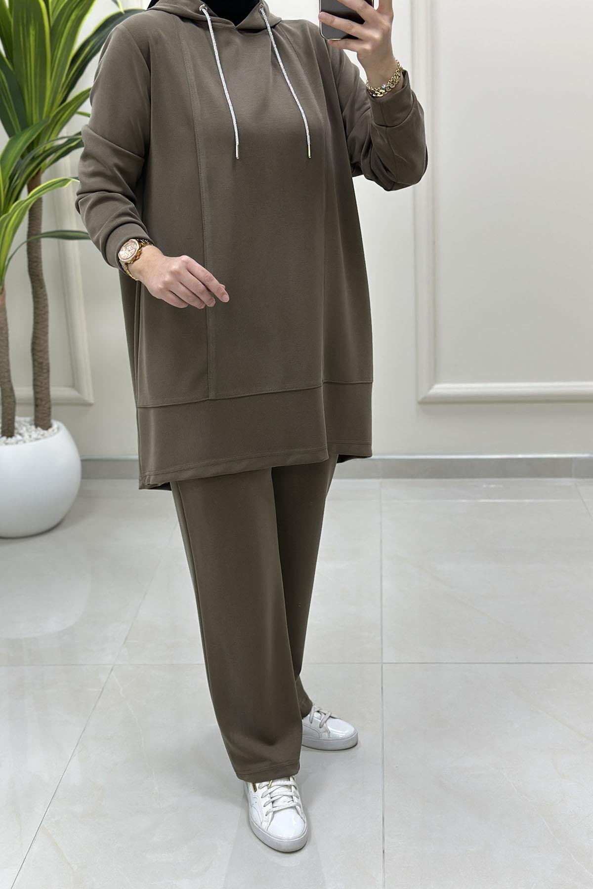 Tesettür Pantolonlu TakımModal Oysho Taş İp Detaylı Tunik ve Pantolon Kadın İkili Takım Haki KADO 257804