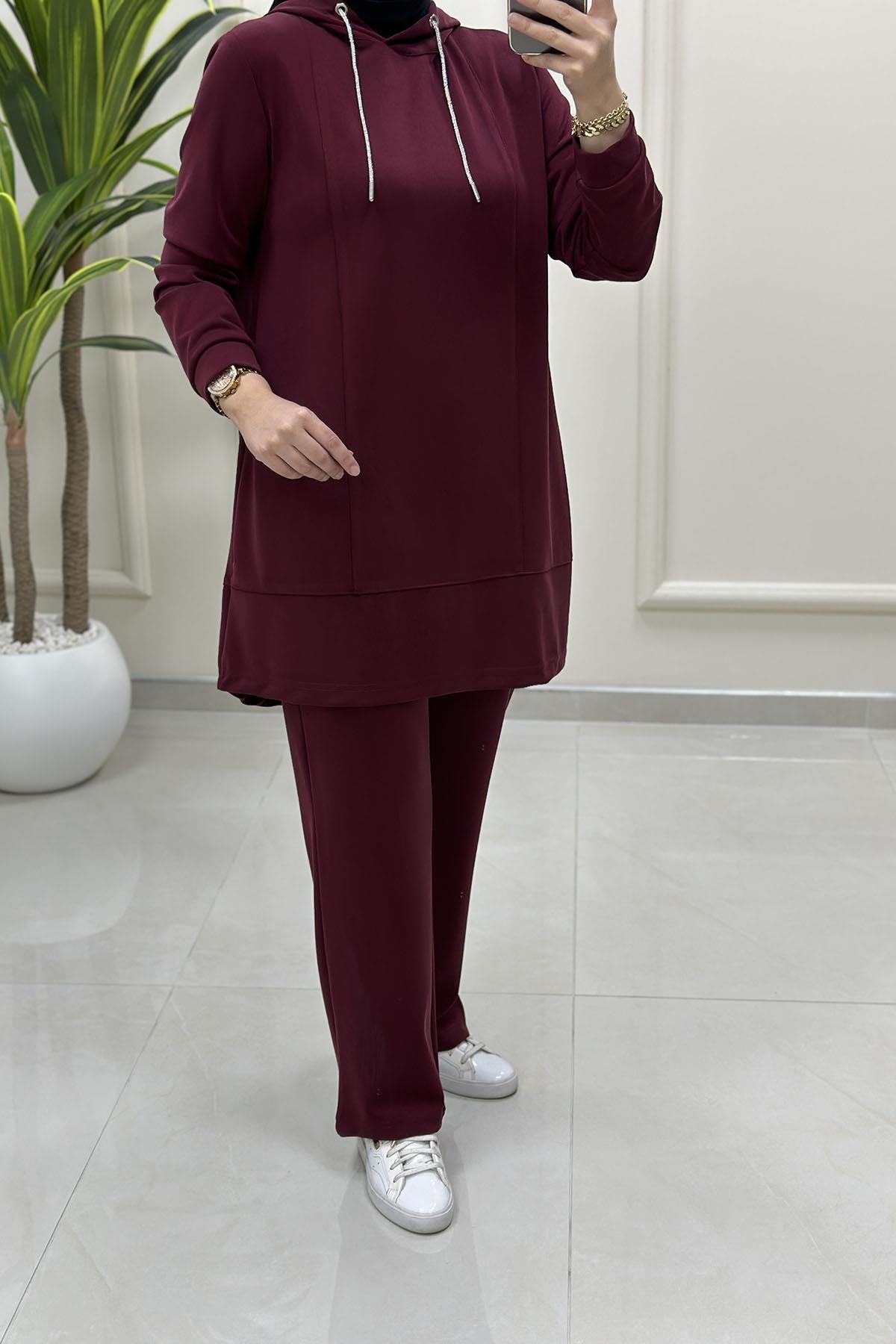 Tesettür Pantolonlu TakımModal Oysho Taş İp Detaylı Tunik ve Pantolon Kadın İkili Takım Bordo KADO 257804