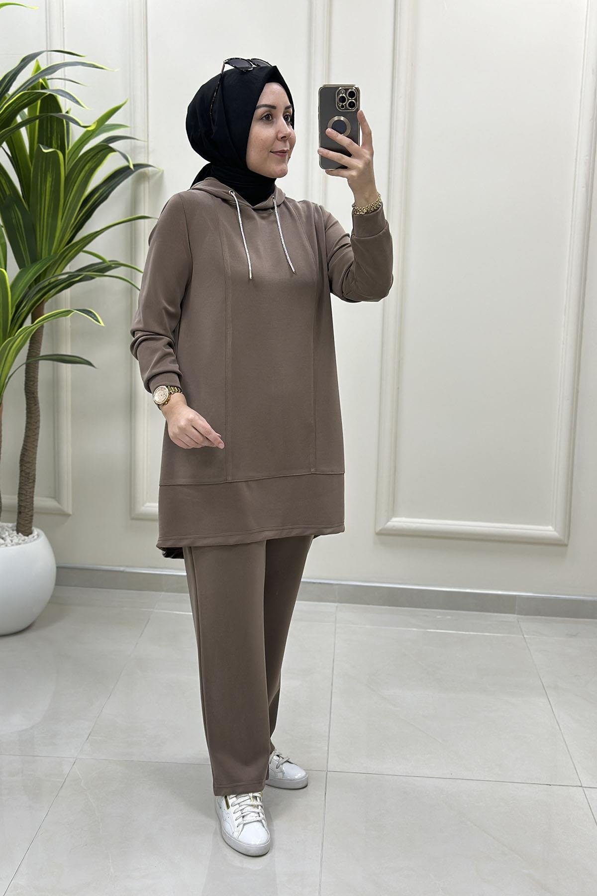 Tesettür Pantolonlu TakımModal Oysho Taş İp Detaylı Tunik ve Pantolon Kadın İkili Takım Vizon KADO 257804