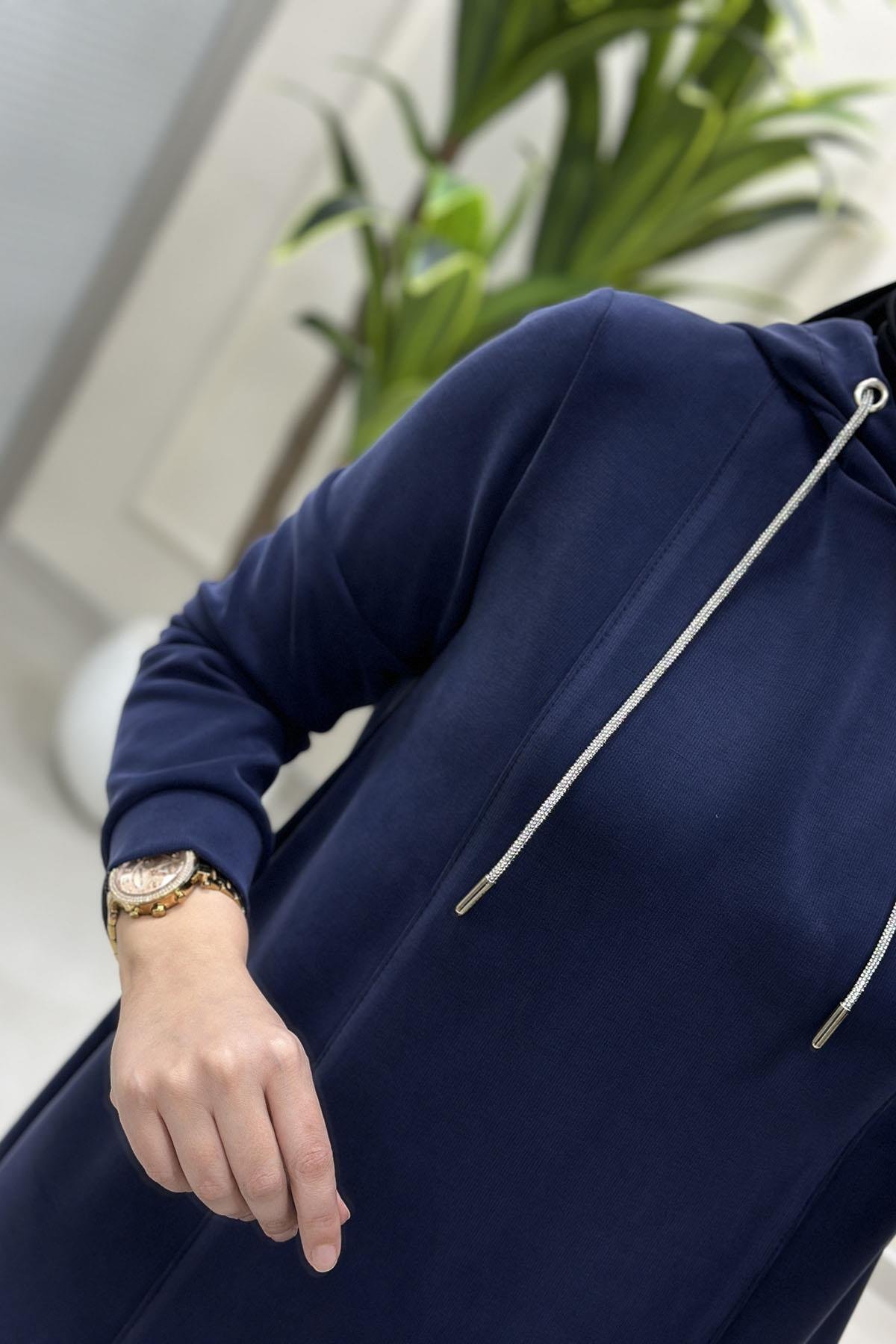 Tesettür Pantolonlu TakımModal Oysho Taş İp Detaylı Tunik ve Pantolon Kadın İkili Takım Lacivert KADO 257804