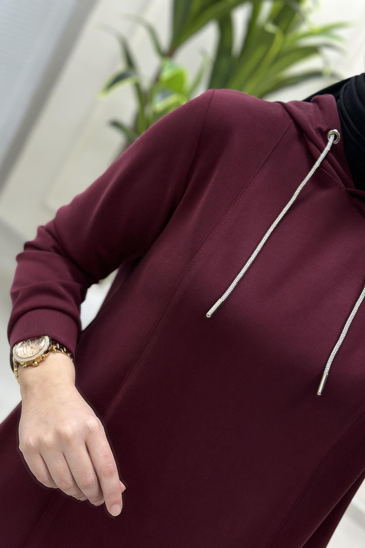 Tesettür Pantolonlu TakımModal Oysho Taş İp Detaylı Tunik ve Pantolon Kadın İkili Takım Bordo KADO 257804