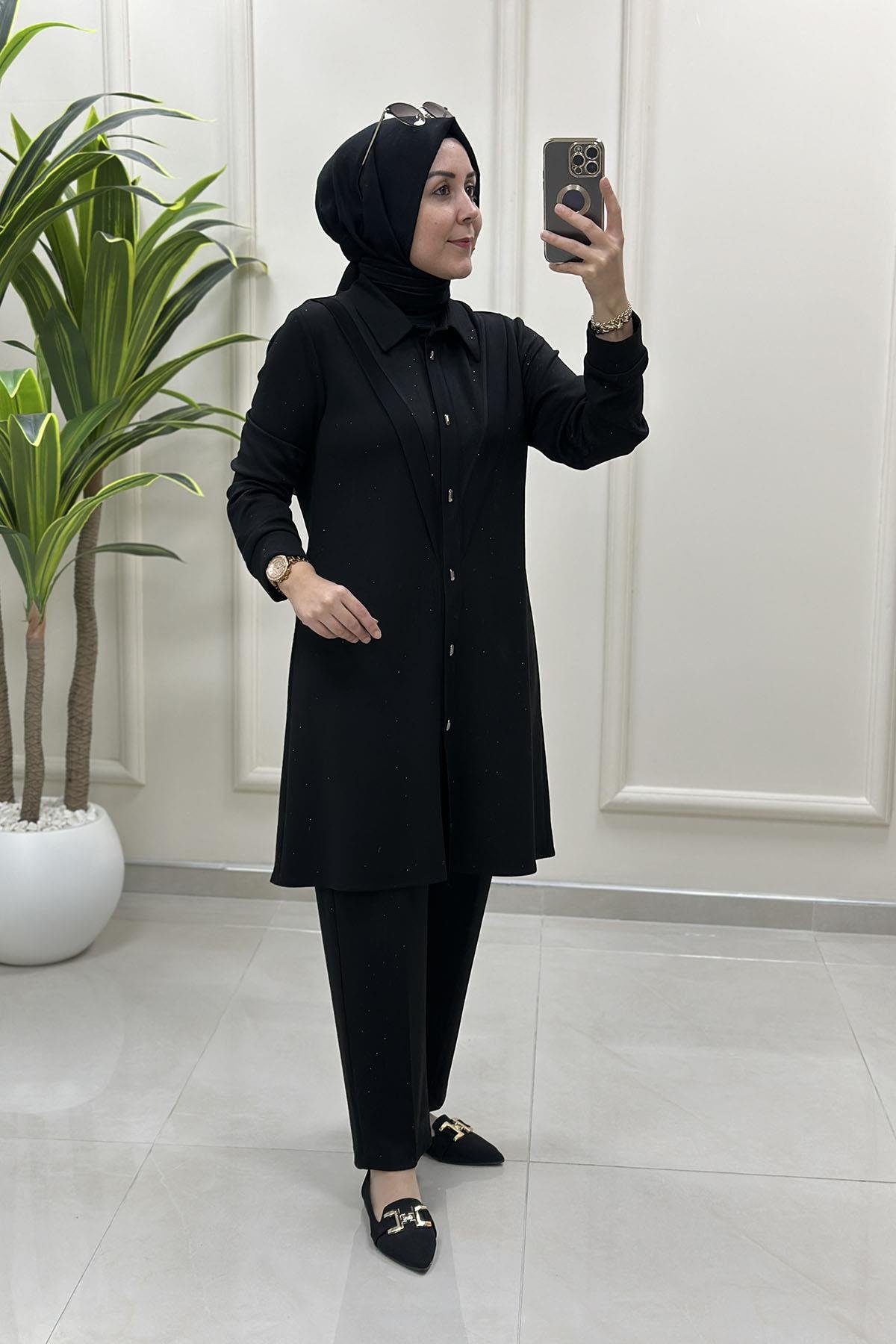 Tesettür Pantolonlu TakımModal Serpme Taş Detaylı Çıtçıtlı Tunik ve Pantolon Kadın İkili Takım Siyah CNR 2226