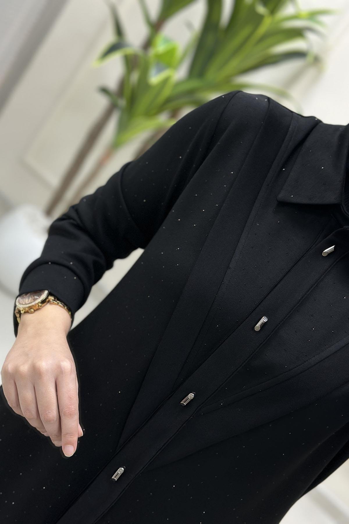 Tesettür Pantolonlu TakımModal Serpme Taş Detaylı Çıtçıtlı Tunik ve Pantolon Kadın İkili Takım Siyah CNR 2226