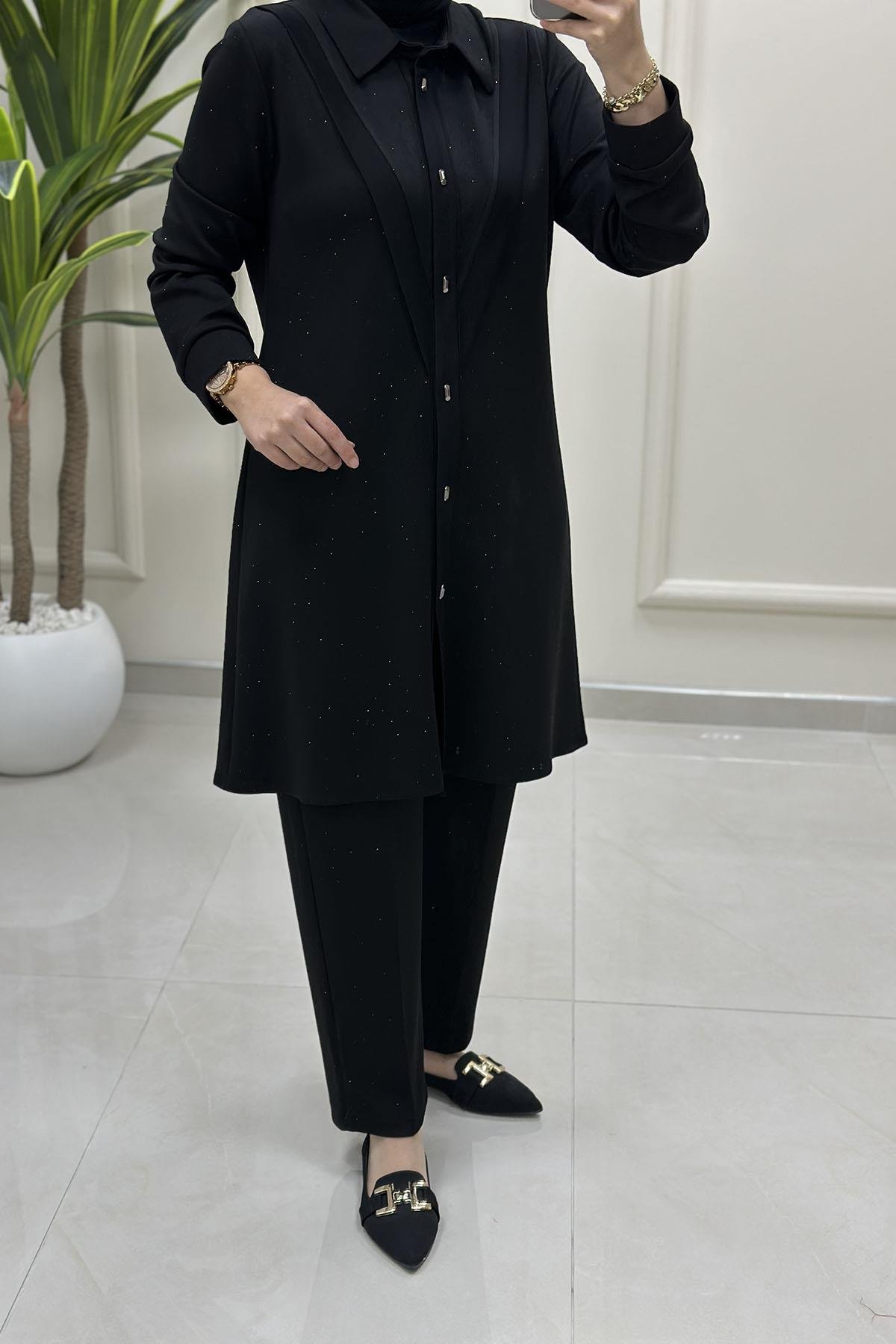 Tesettür Pantolonlu TakımModal Serpme Taş Detaylı Çıtçıtlı Tunik ve Pantolon Kadın İkili Takım Siyah CNR 2226