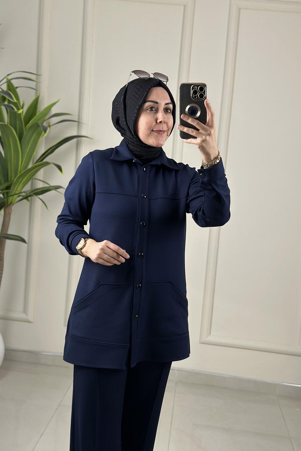 Tesettür Pantolonlu TakımModal Sırt Yaprak Nakış Detaylı Tunik ve Pantolon Kadın İkili Takım Lacivert HYA 1622