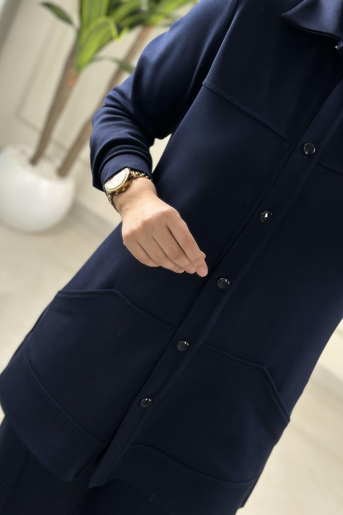 Tesettür Pantolonlu TakımModal Sırt Yaprak Nakış Detaylı Tunik ve Pantolon Kadın İkili Takım Lacivert HYA 1622