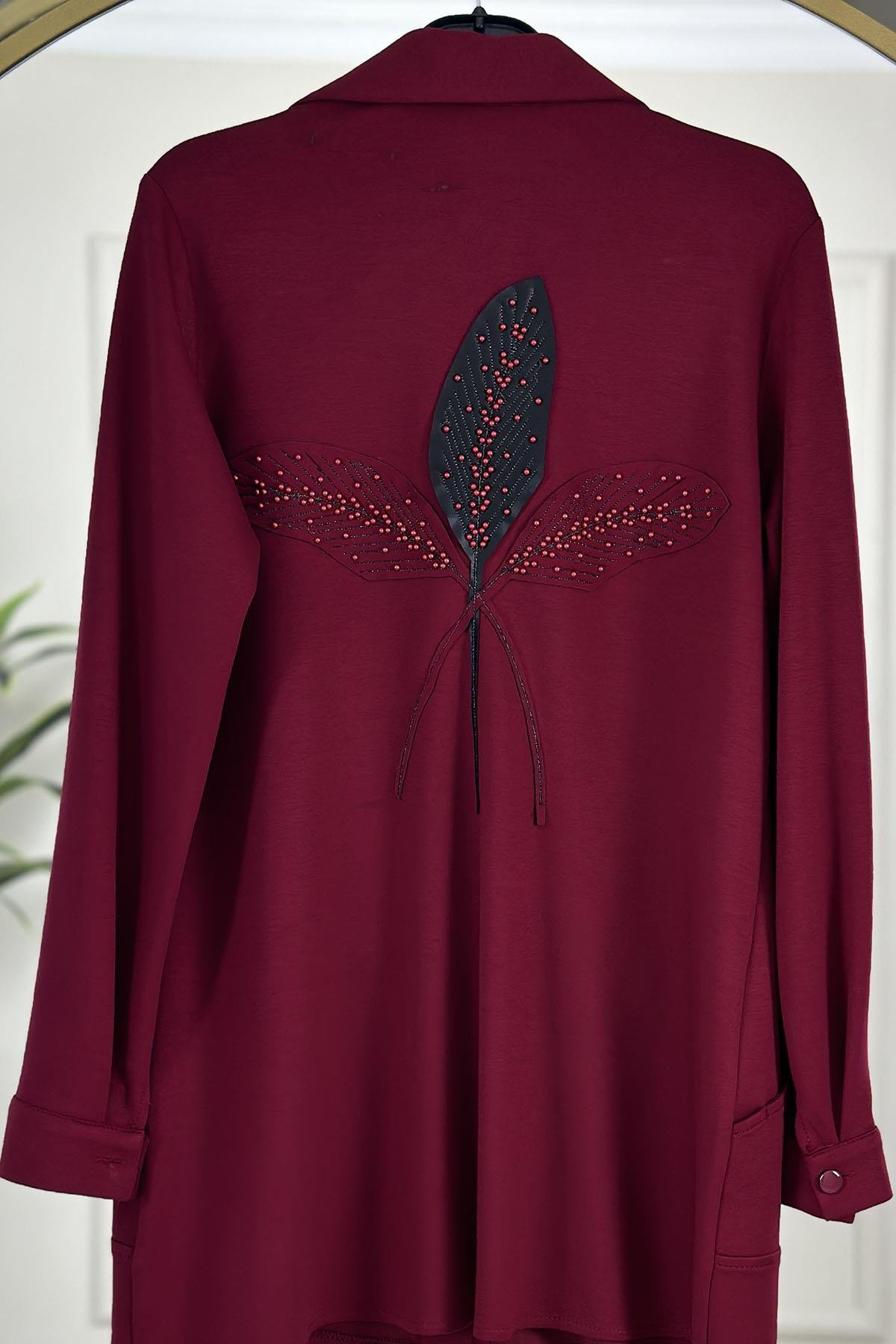 Tesettür Pantolonlu TakımModal Sırt Yaprak Nakış Detaylı Tunik ve Pantolon Kadın İkili Takım Koyu Kırmızı HYA 1622