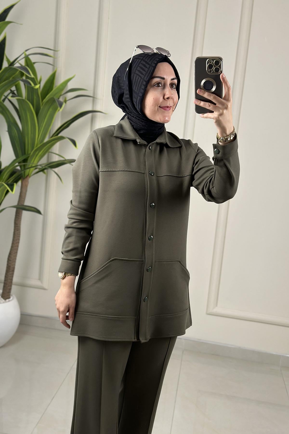 Tesettür Pantolonlu TakımModal Sırt Yaprak Nakış Detaylı Tunik ve Pantolon Kadın İkili Takım Haki HYA 1622