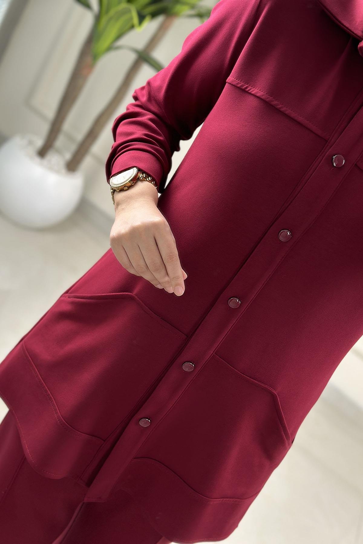 Tesettür Pantolonlu TakımModal Sırt Yaprak Nakış Detaylı Tunik ve Pantolon Kadın İkili Takım Koyu Kırmızı HYA 1622