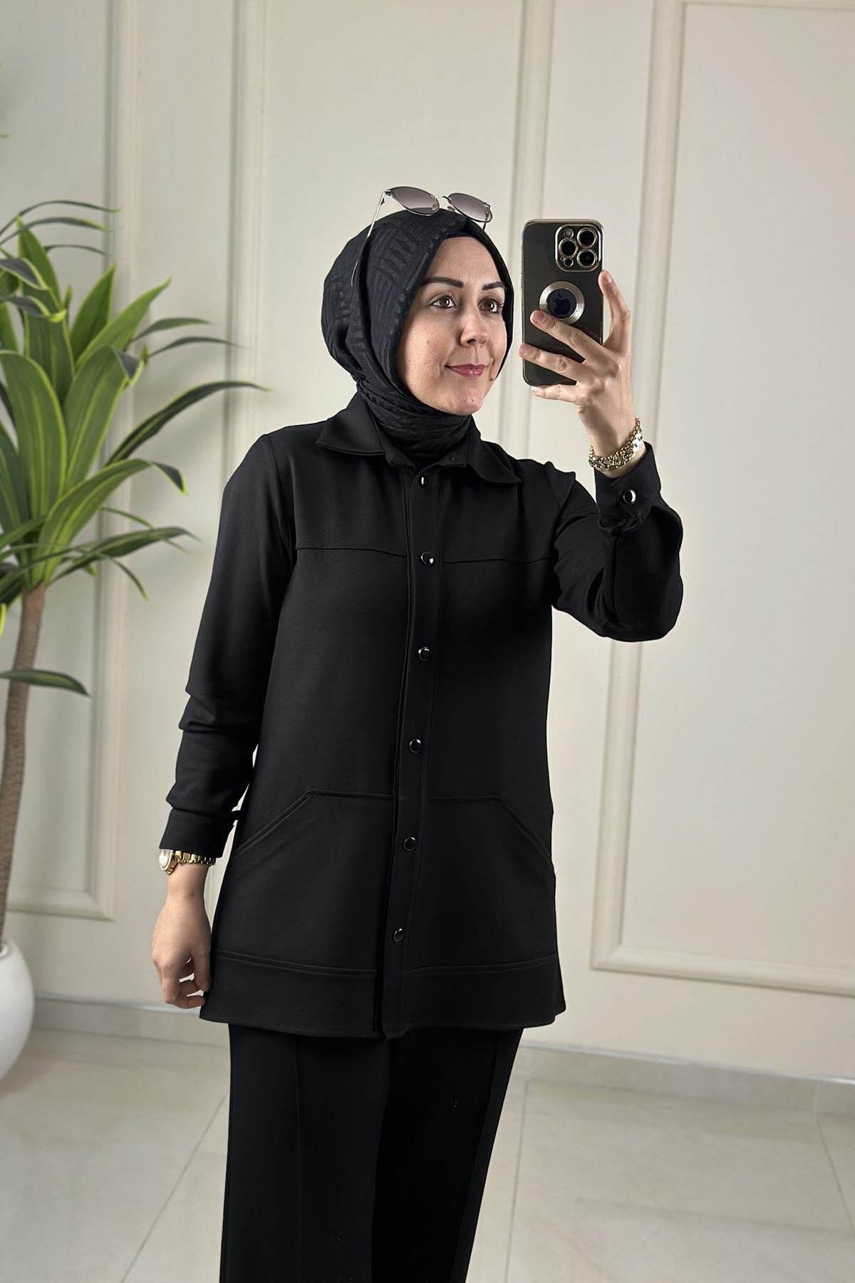 Tesettür Pantolonlu TakımModal Sırt Yaprak Nakış Detaylı Tunik ve Pantolon Kadın İkili Takım Siyah HYA 1622