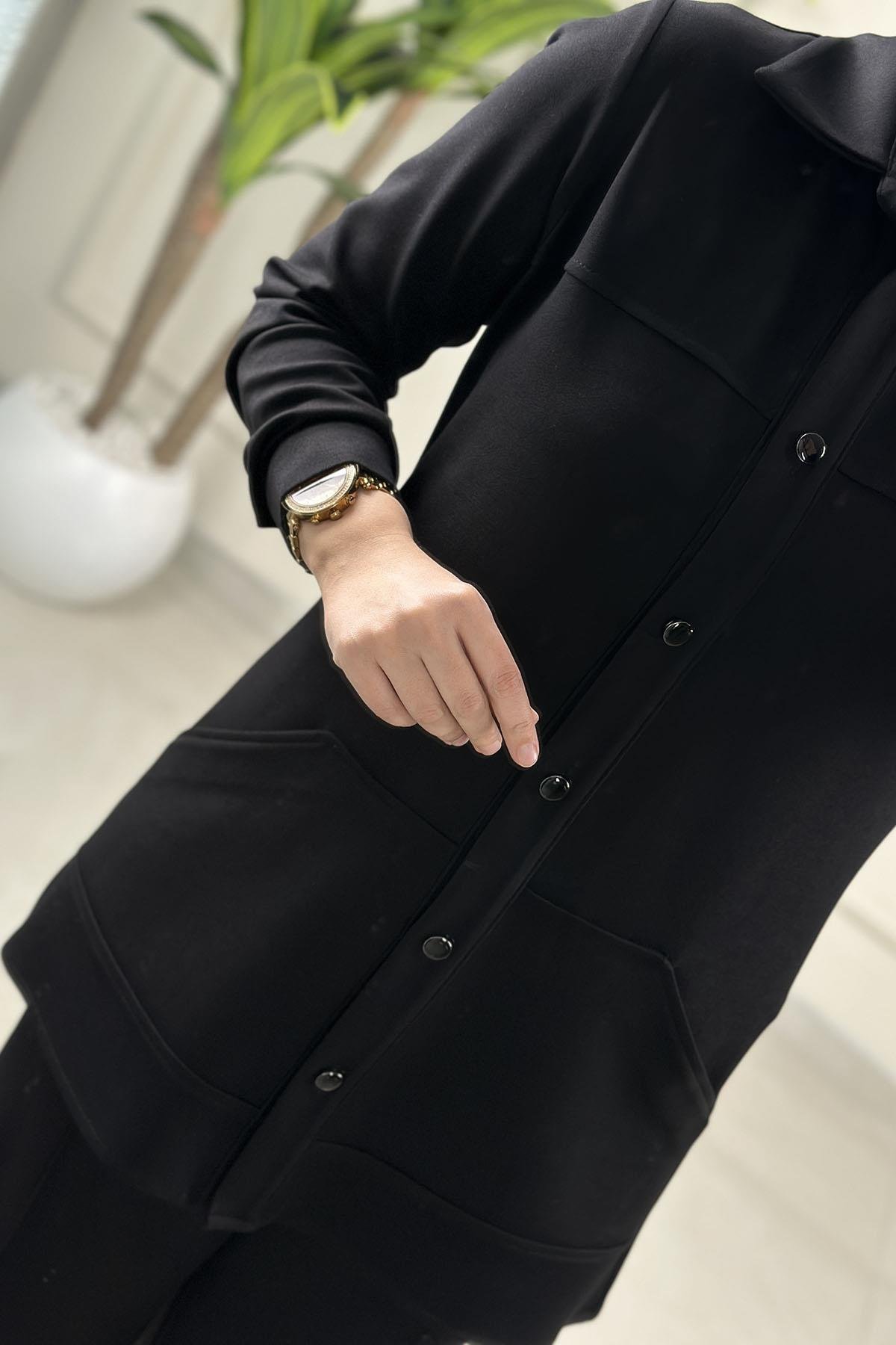 Tesettür Pantolonlu TakımModal Sırt Yaprak Nakış Detaylı Tunik ve Pantolon Kadın İkili Takım Siyah HYA 1622