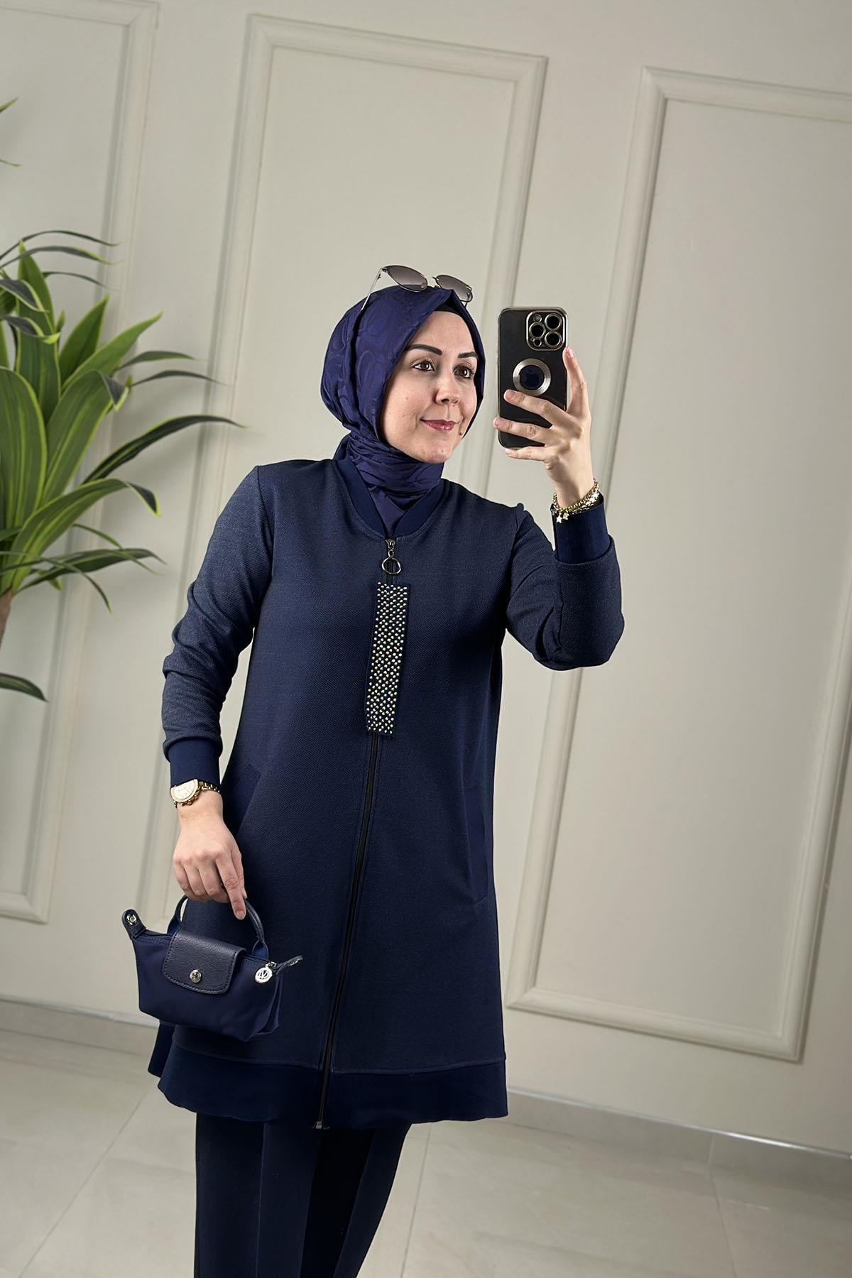 Tesettür Pantolonlu TakımModal Tensel Önü Fermuarlı Ribanalı Giyçık ve Pantolon Kadın İkili Takım Lacivert MP 2666
