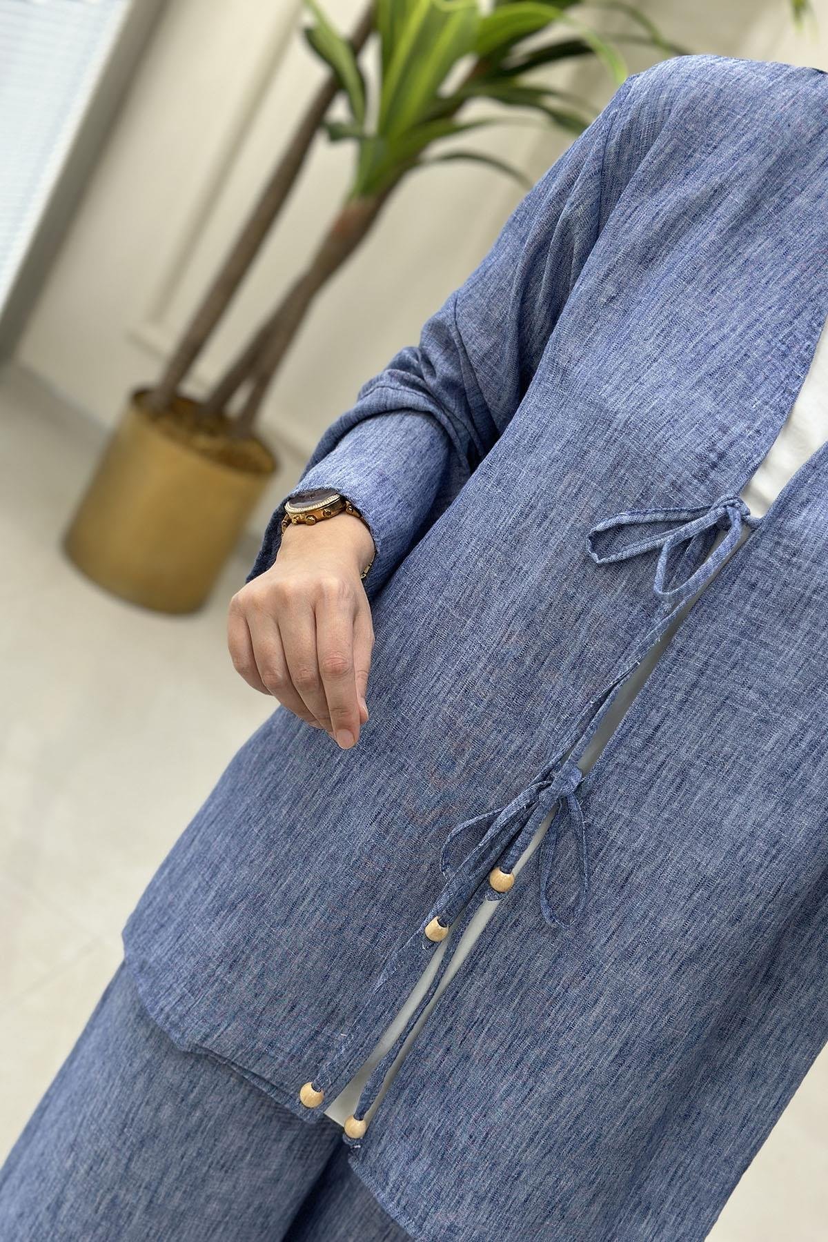 Tesettür Pantolonlu TakımÖnü Bağlamalı Kolu Volanlı Ceket ve Pantolon Kadın İkili Takım İndigo MSE 8102