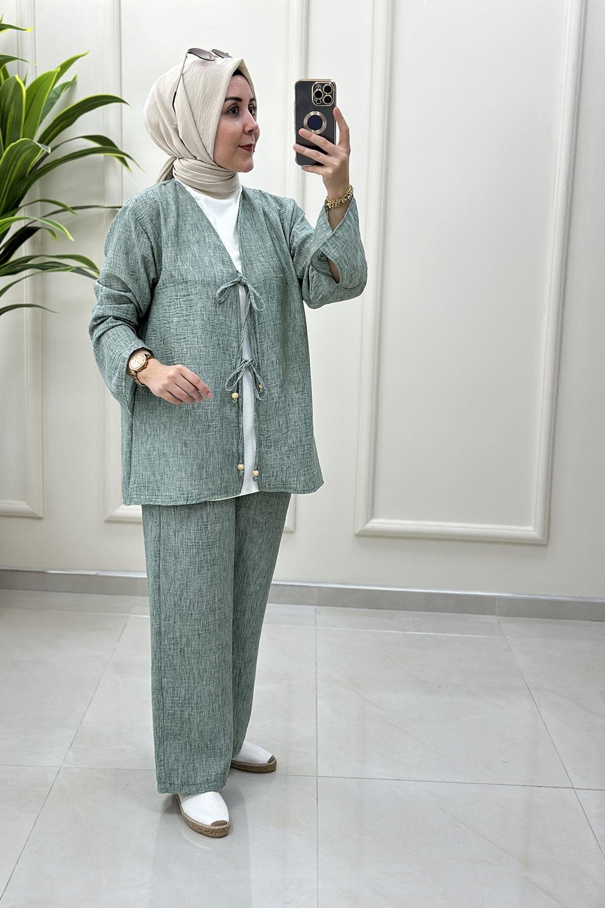 Tesettür Pantolonlu TakımÖnü Bağlamalı Kolu Volanlı Ceket ve Pantolon Kadın İkili Takım Mint Yeşili MSE 8102