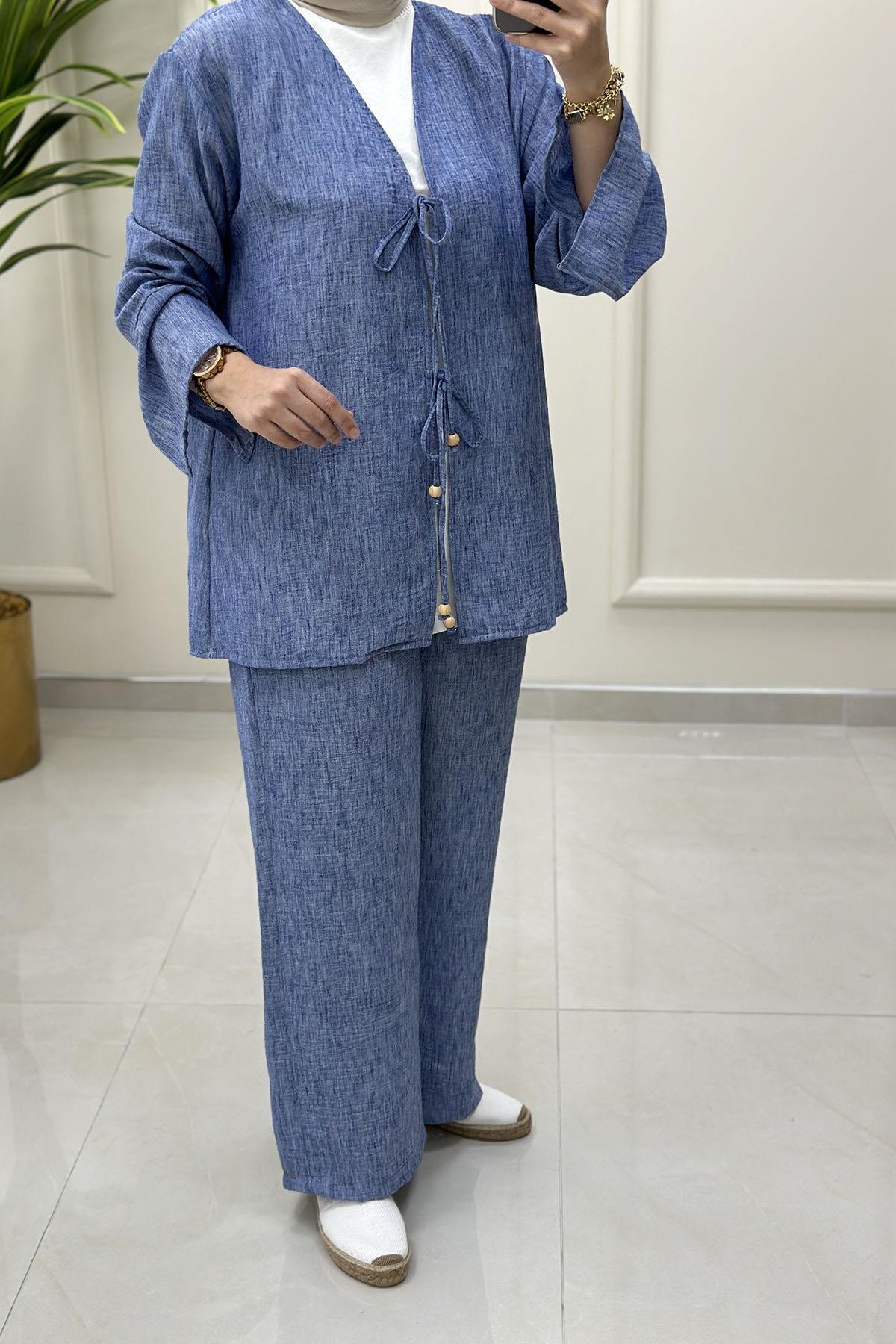 Tesettür Pantolonlu TakımÖnü Bağlamalı Kolu Volanlı Ceket ve Pantolon Kadın İkili Takım İndigo MSE 8102