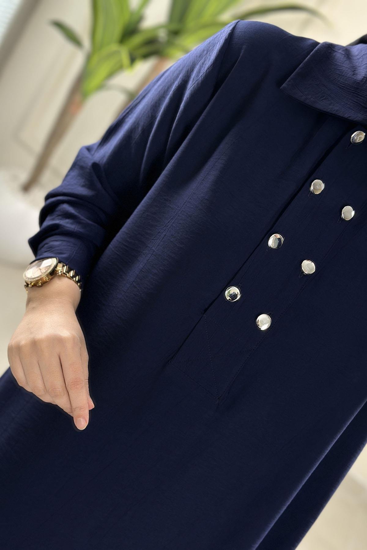 Tesettür Pantolonlu TakımÖnü Çift Düğme Detaylı Tunik ve Pantolon Kadın İkili Takım Lacivert KADO 262366