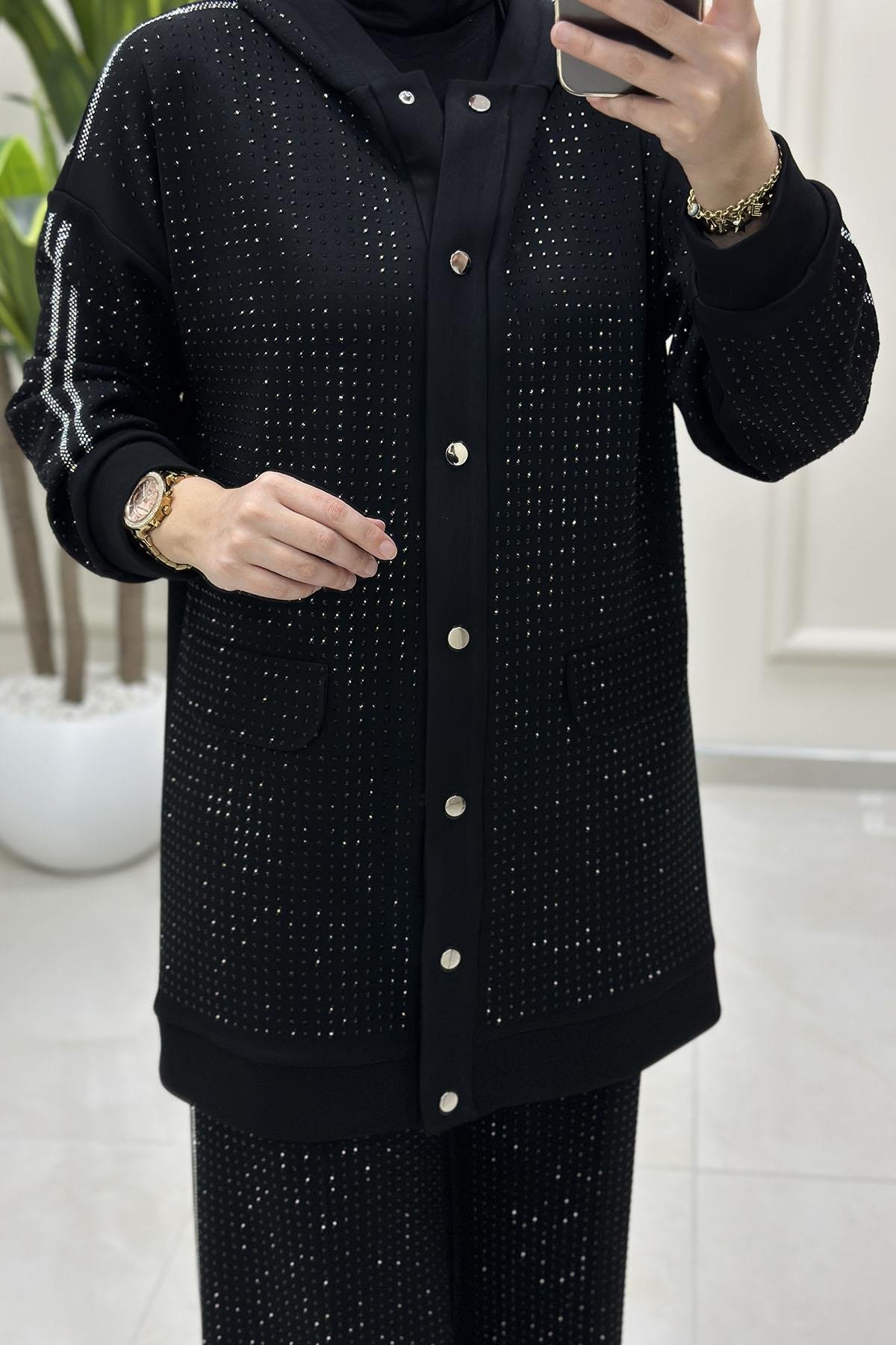 Tesettür Pantolonlu TakımÖnü Çıtçıtlı Serpme Taş Detaylı Giyçık ve Pantolon Kadın İkili Takım Siyah VOL 1453