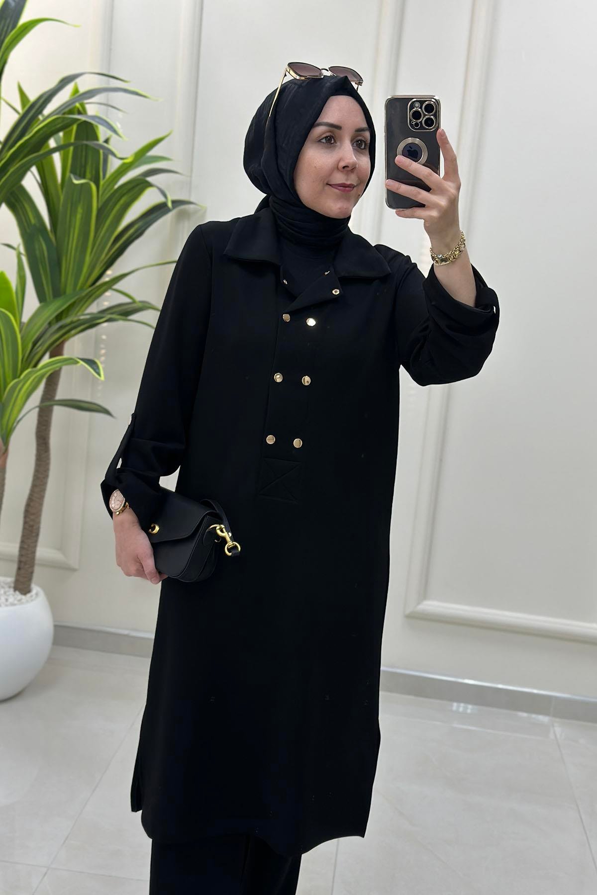 Tesettür Pantolonlu TakımÖnü Çıtçıtlı Katlama Kol Tunik ve Pantolon Kadın İkili Takım Siyah VOL 1456