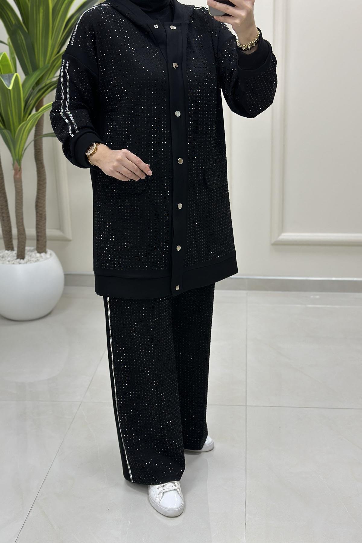 Tesettür Pantolonlu TakımÖnü Çıtçıtlı Serpme Taş Detaylı Giyçık ve Pantolon Kadın İkili Takım Siyah VOL 1453