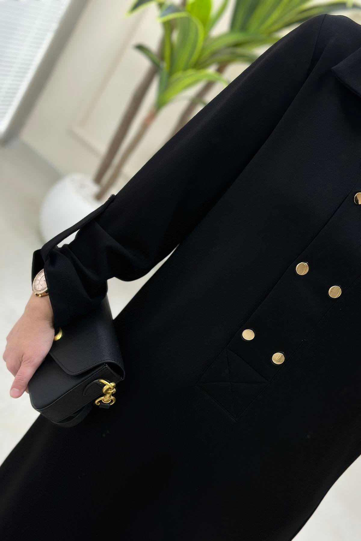 Tesettür Pantolonlu TakımÖnü Çıtçıtlı Katlama Kol Tunik ve Pantolon Kadın İkili Takım Siyah VOL 1456