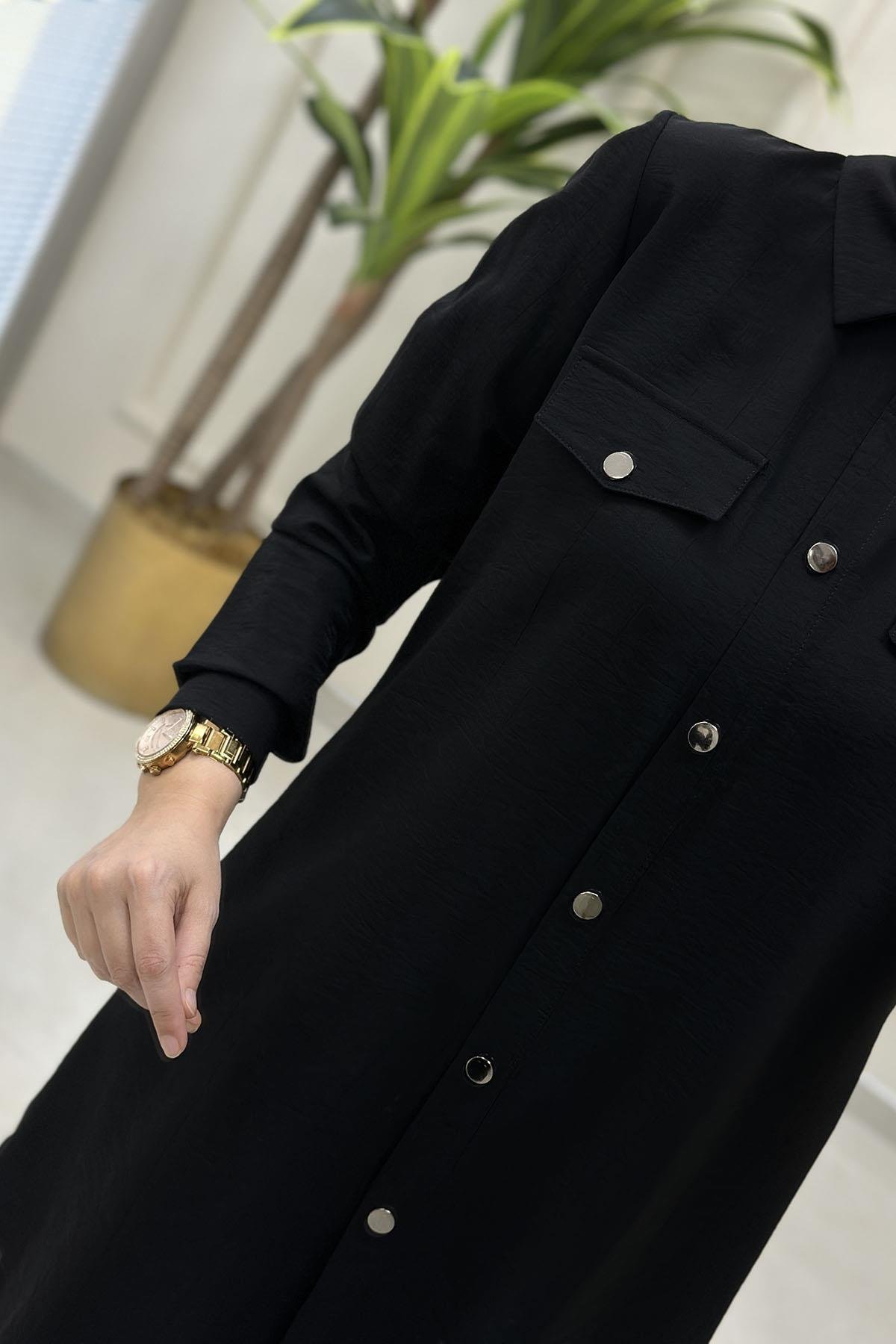 Tesettür Pantolonlu TakımÖnü Çıtçıtlı Tunik ve Paça Çıtçıt Detaylı Pantolon Kadın İkili Takım Siyah MLH 5148