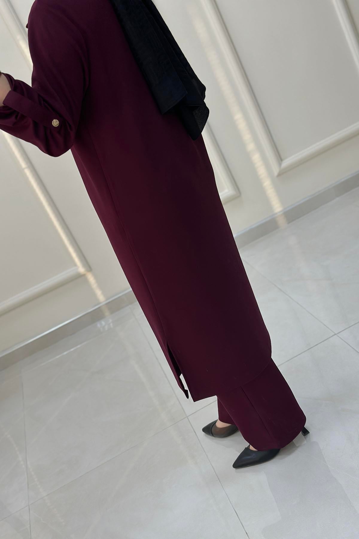 Tesettür Pantolonlu TakımÖnü Çıtçıtlı Katlama Kol Tunik ve Pantolon Kadın İkili Takım Mürdüm VOL 1456