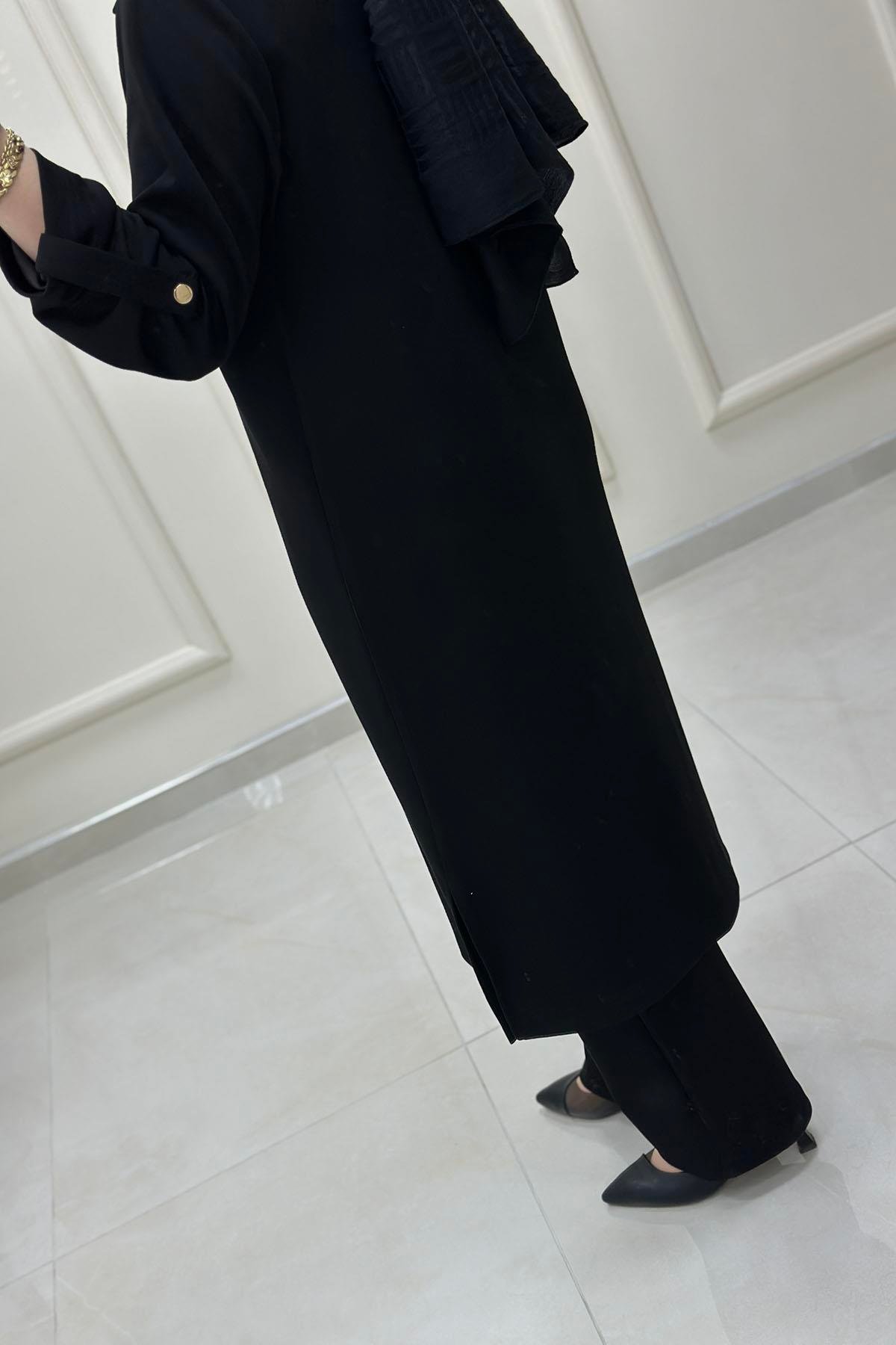 Tesettür Pantolonlu TakımÖnü Çıtçıtlı Katlama Kol Tunik ve Pantolon Kadın İkili Takım Siyah VOL 1456