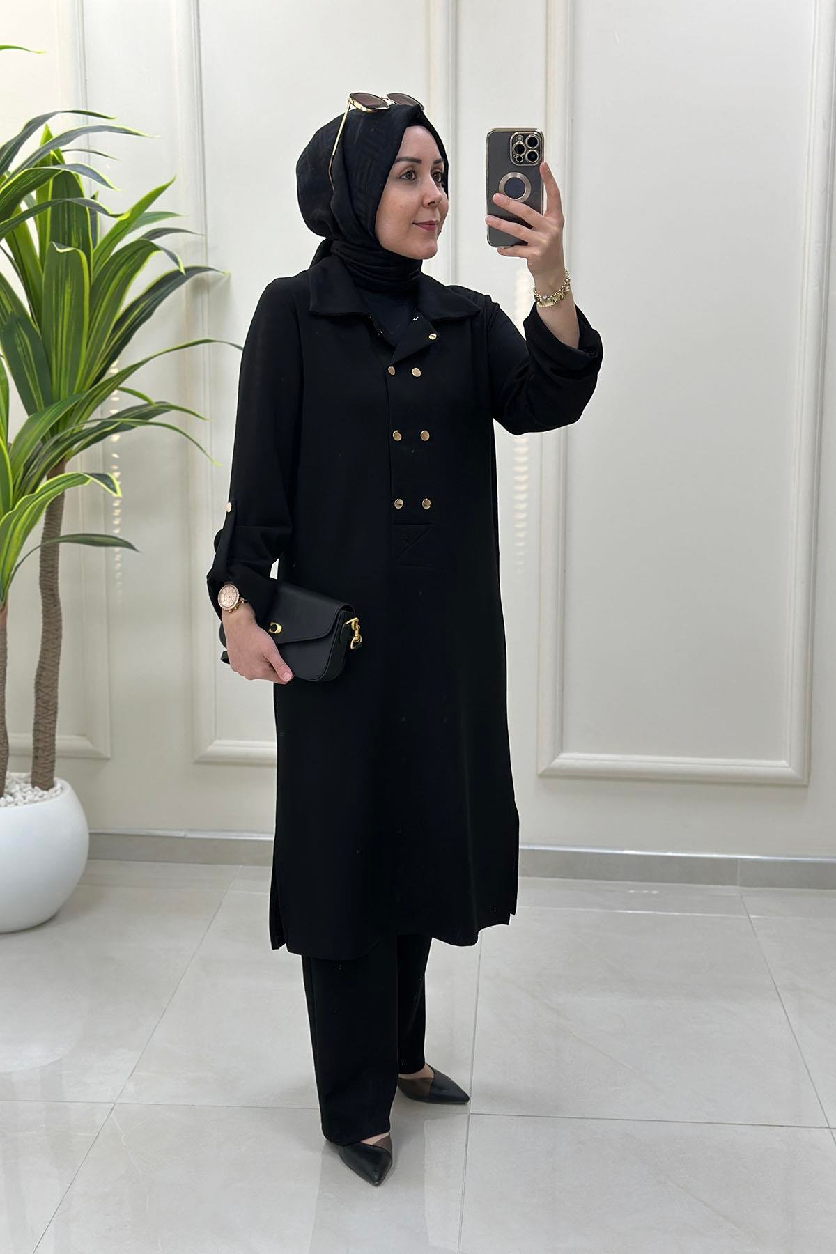 Tesettür Pantolonlu TakımÖnü Çıtçıtlı Katlama Kol Tunik ve Pantolon Kadın İkili Takım Siyah VOL 1456