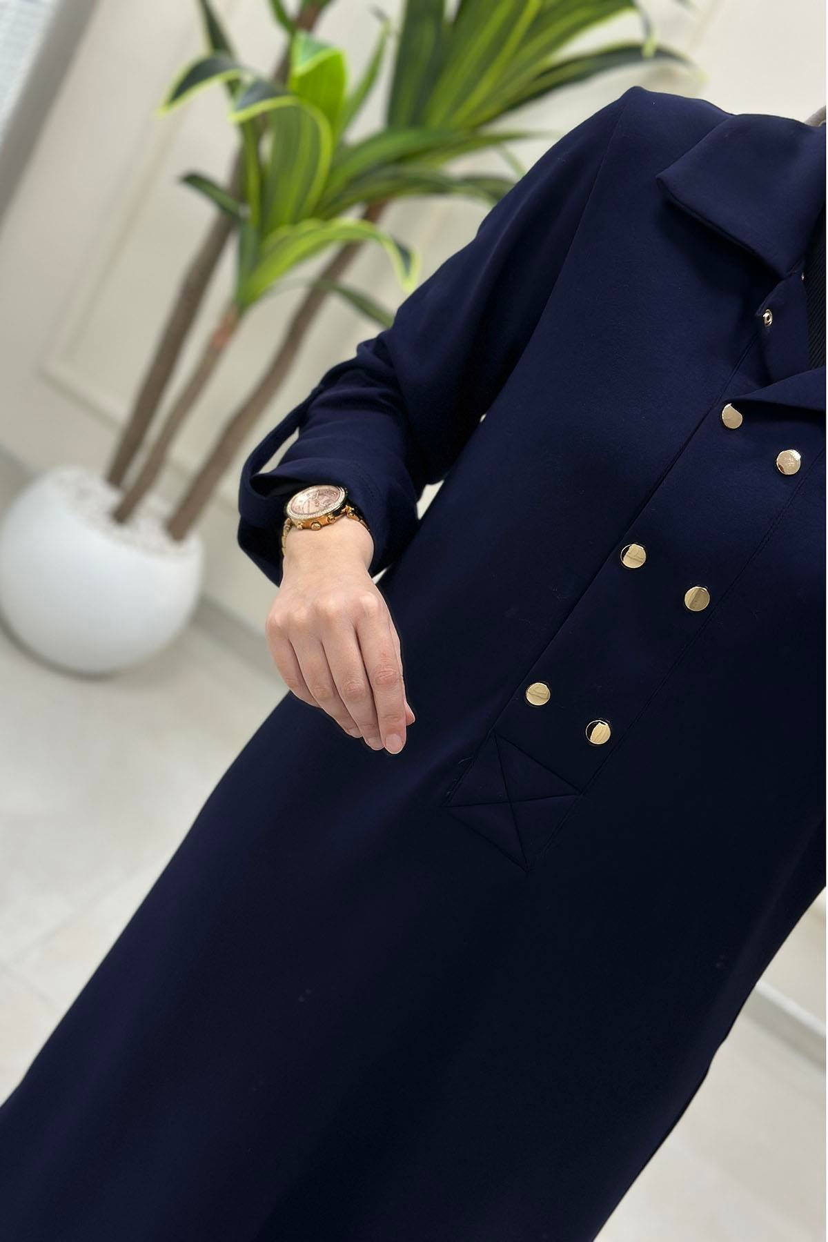 Tesettür Pantolonlu TakımÖnü Çıtçıtlı Katlama Kol Tunik ve Pantolon Kadın İkili Takım Lacivert VOL 1456