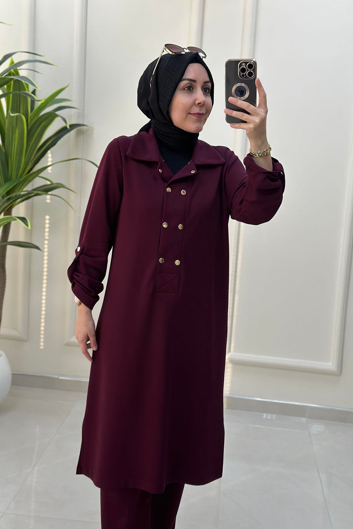 Tesettür Pantolonlu TakımÖnü Çıtçıtlı Katlama Kol Tunik ve Pantolon Kadın İkili Takım Mürdüm VOL 1456