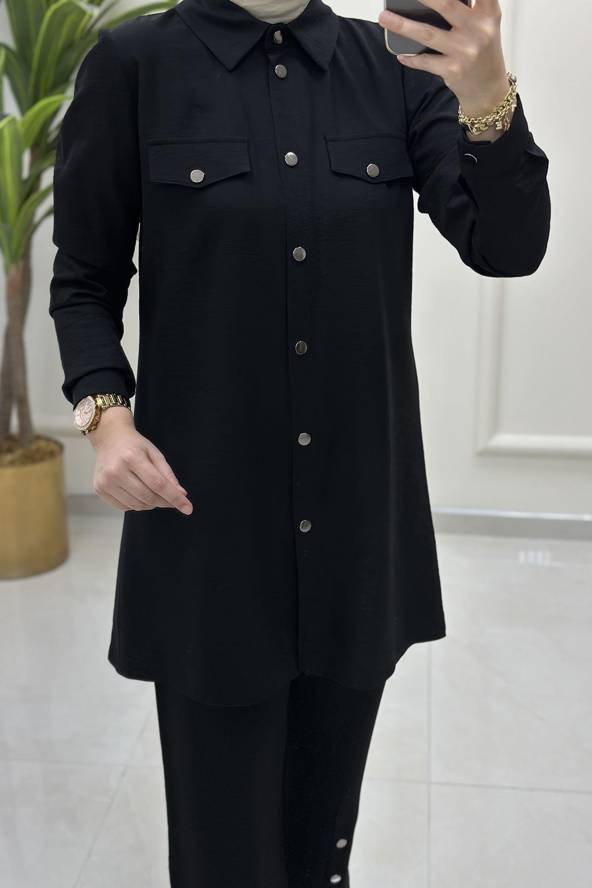 Tesettür Pantolonlu TakımÖnü Çıtçıtlı Tunik ve Paça Çıtçıt Detaylı Pantolon Kadın İkili Takım Siyah MLH 5148