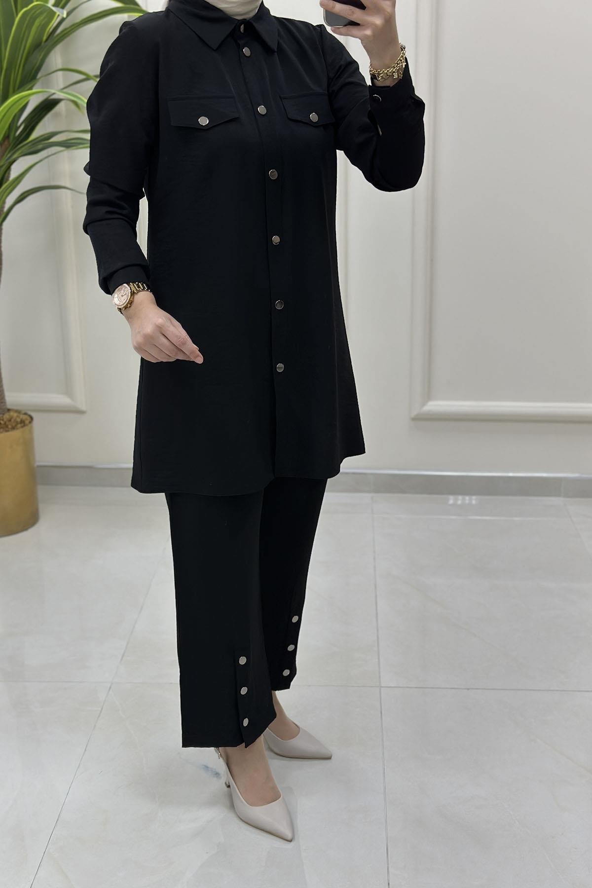 Tesettür Pantolonlu TakımÖnü Çıtçıtlı Tunik ve Paça Çıtçıt Detaylı Pantolon Kadın İkili Takım Siyah MLH 5148