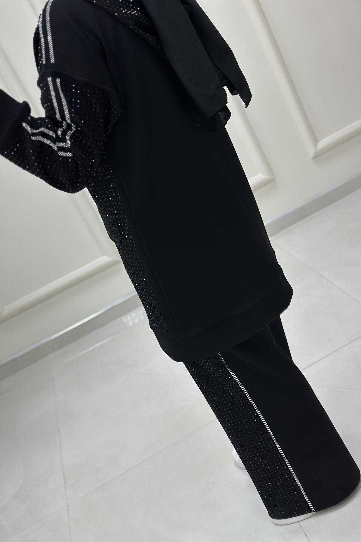 Tesettür Pantolonlu TakımÖnü Çıtçıtlı Serpme Taş Detaylı Giyçık ve Pantolon Kadın İkili Takım Siyah VOL 1453