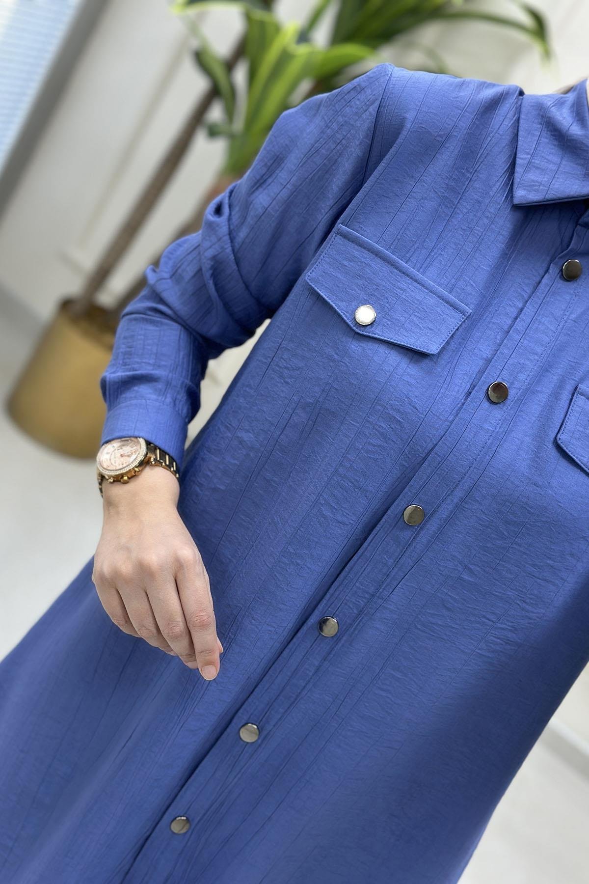 Tesettür Pantolonlu TakımÖnü Çıtçıtlı Tunik ve Paça Çıtçıt Detaylı Pantolon Kadın İkili Takım İndigo MLH 5148