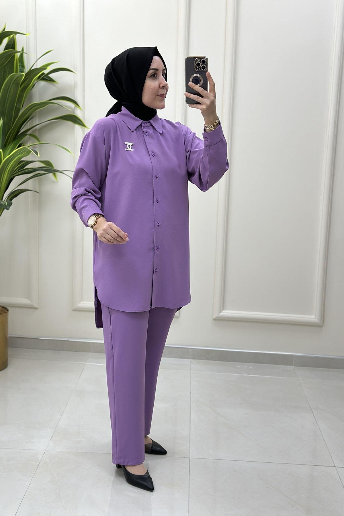 Tesettür Pantolonlu TakımÖnü Düğmeli Broş Detaylı Tunik ve Pantolon Kadın İkili Takım Mor GNR 209