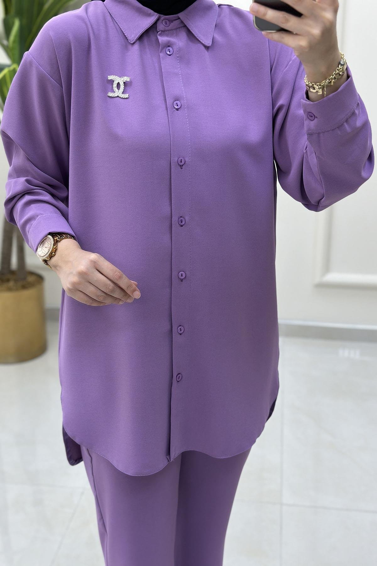 Tesettür Pantolonlu TakımÖnü Düğmeli Broş Detaylı Tunik ve Pantolon Kadın İkili Takım Mor GNR 209
