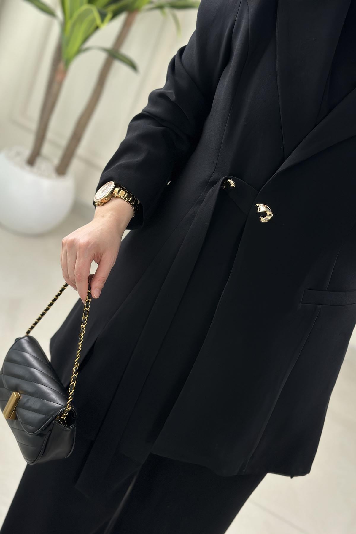 Tesettür Pantolonlu TakımÖnü Düğmeli Blazer Ceket ve Pantolon Kadın İkili Takım Siyah MLH 2655