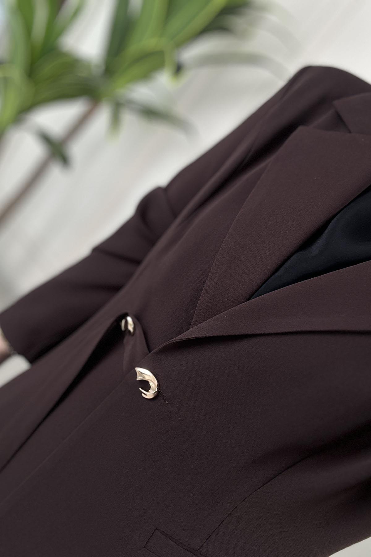 Tesettür Pantolonlu TakımÖnü Düğmeli Blazer Ceket ve Pantolon Kadın İkili Takım Kahverengi MLH 2655