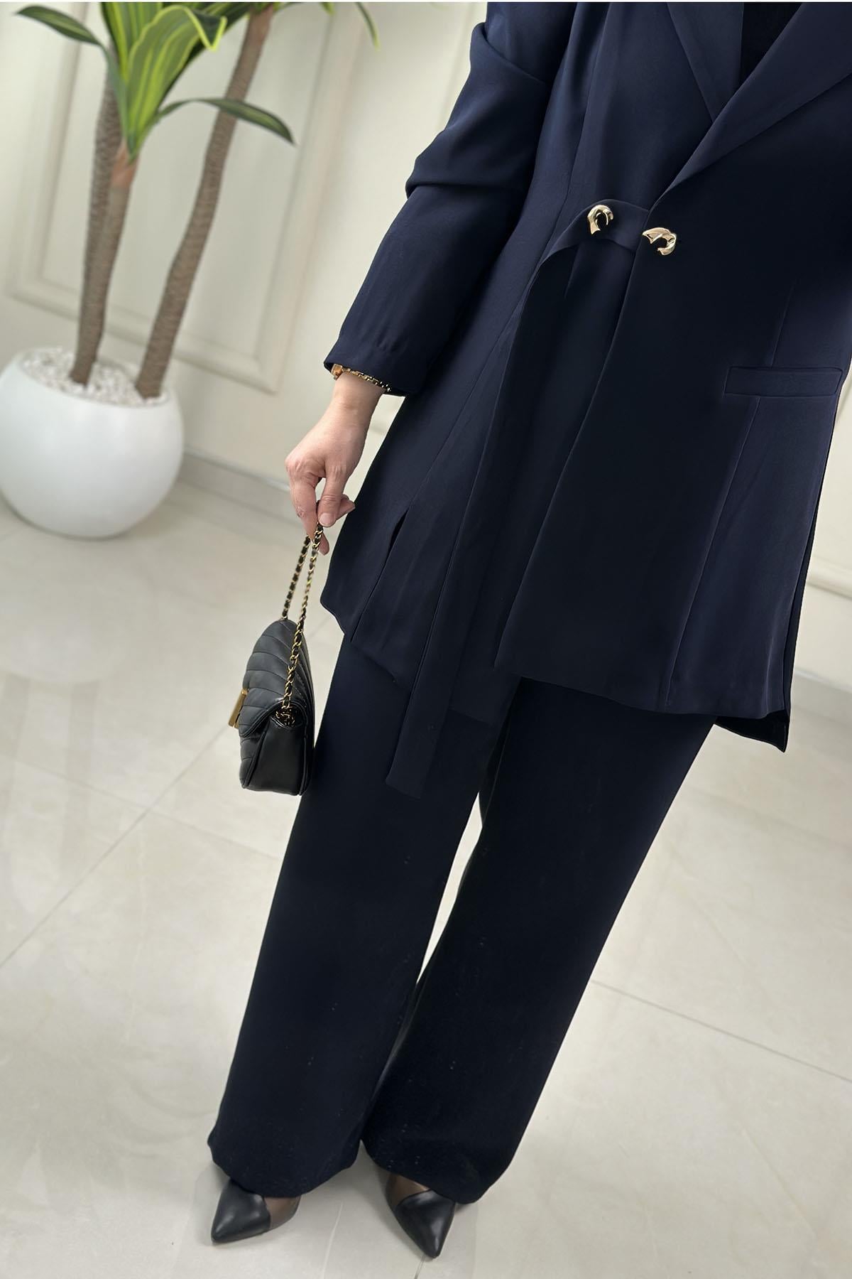 Tesettür Pantolonlu TakımÖnü Düğmeli Blazer Ceket ve Pantolon Kadın İkili Takım Lacivert MLH 2655
