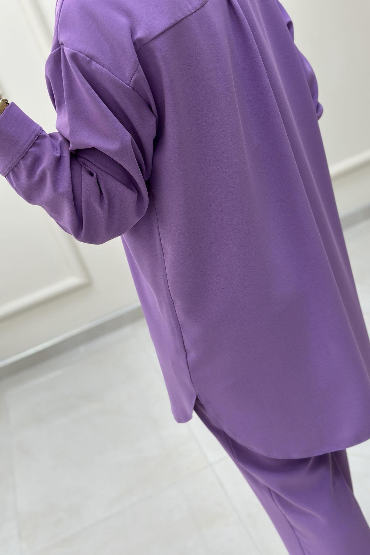 Tesettür Pantolonlu TakımÖnü Düğmeli Broş Detaylı Tunik ve Pantolon Kadın İkili Takım Mor GNR 209